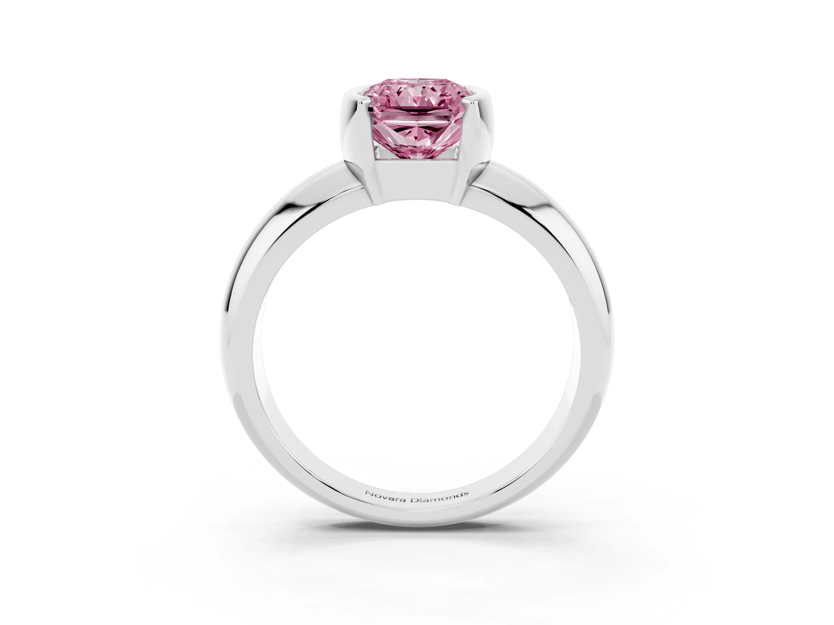 Fancy Pink Radiant Cut Diamond Solitaire Tension Set Ring Set in White gold with Wide Band