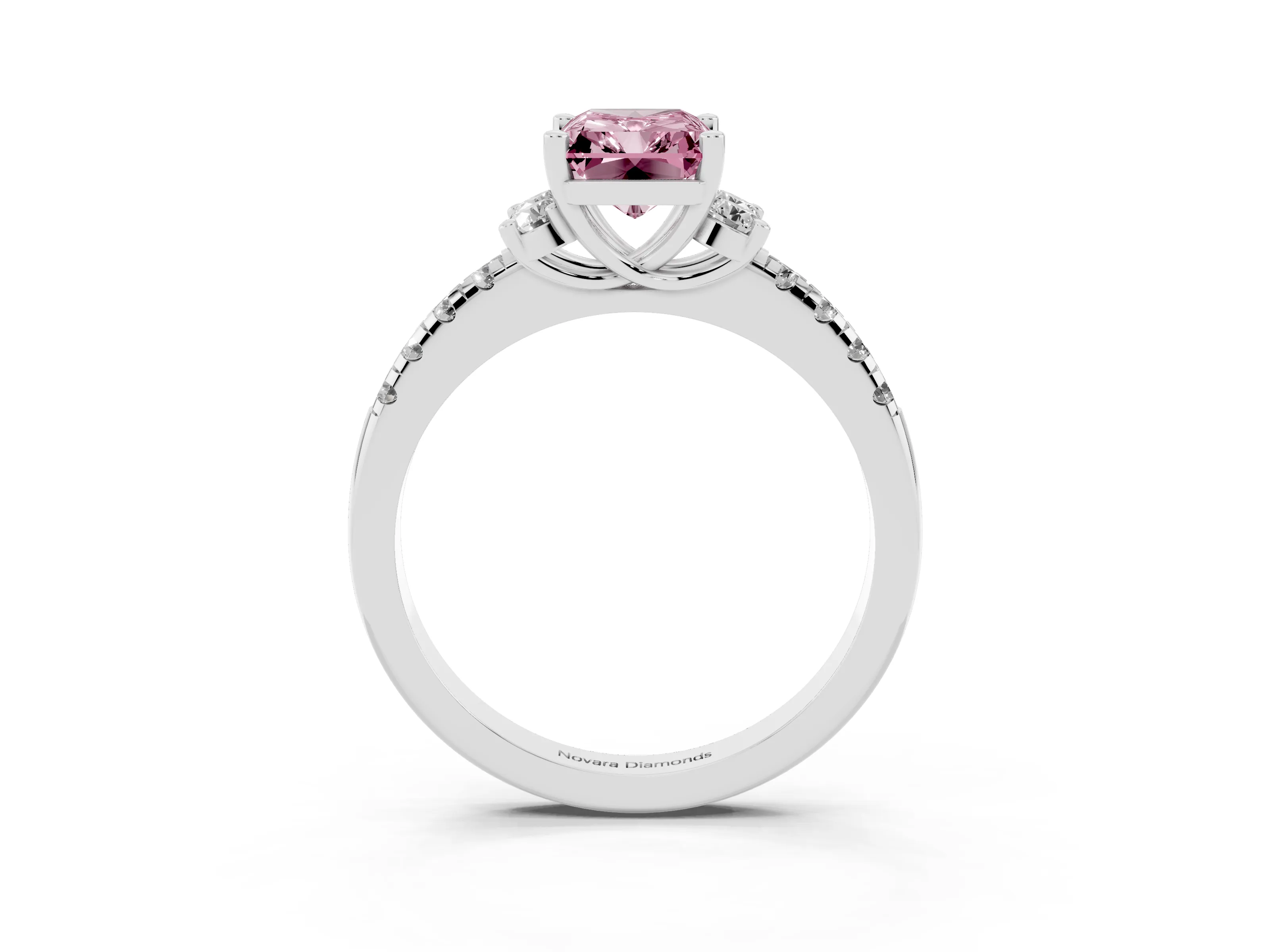 Fancy Pink Radiant Cut Diamond Three-Stone Pavé Ring Set in Silver with Prong Setting