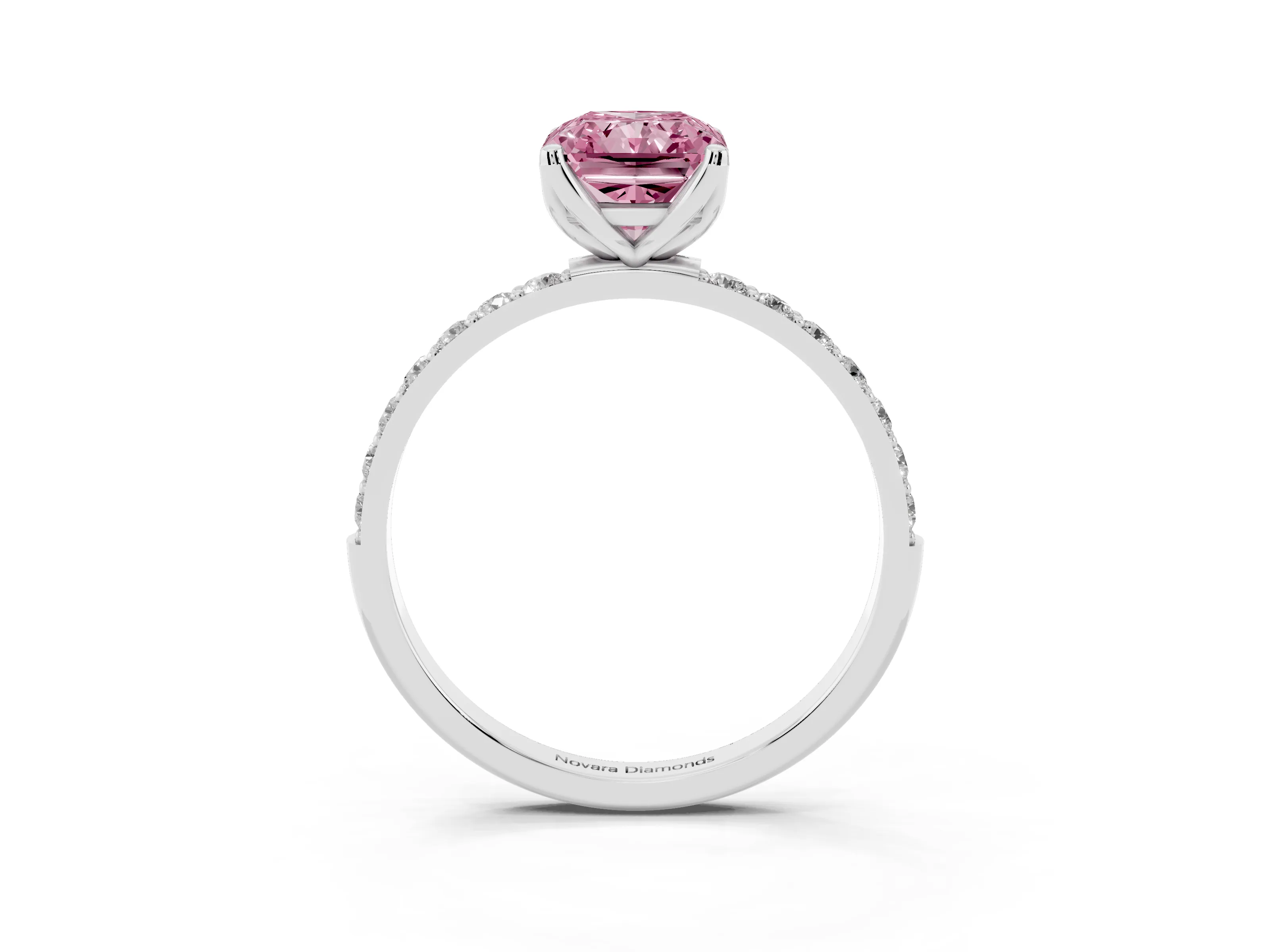 Fancy Pink Radiant Cut Diamond Solitaire Engagement Ring Set in Platinum with Round Pavé Band and Prong Setting