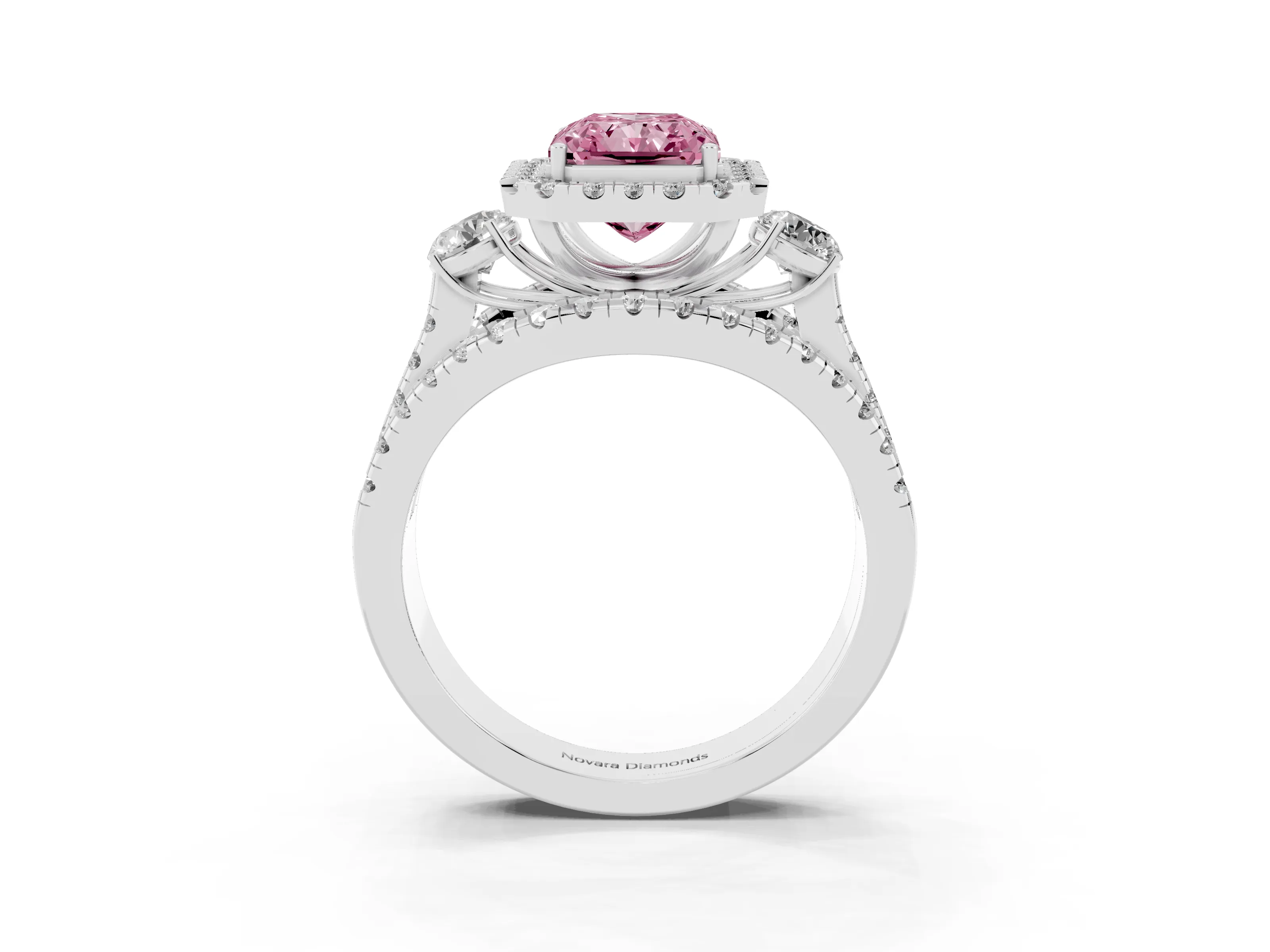 Fancy Pink Radiant Cut Diamond Halo Split Shank Ring Set in Silver with Round Accent Stones and Prong Setting