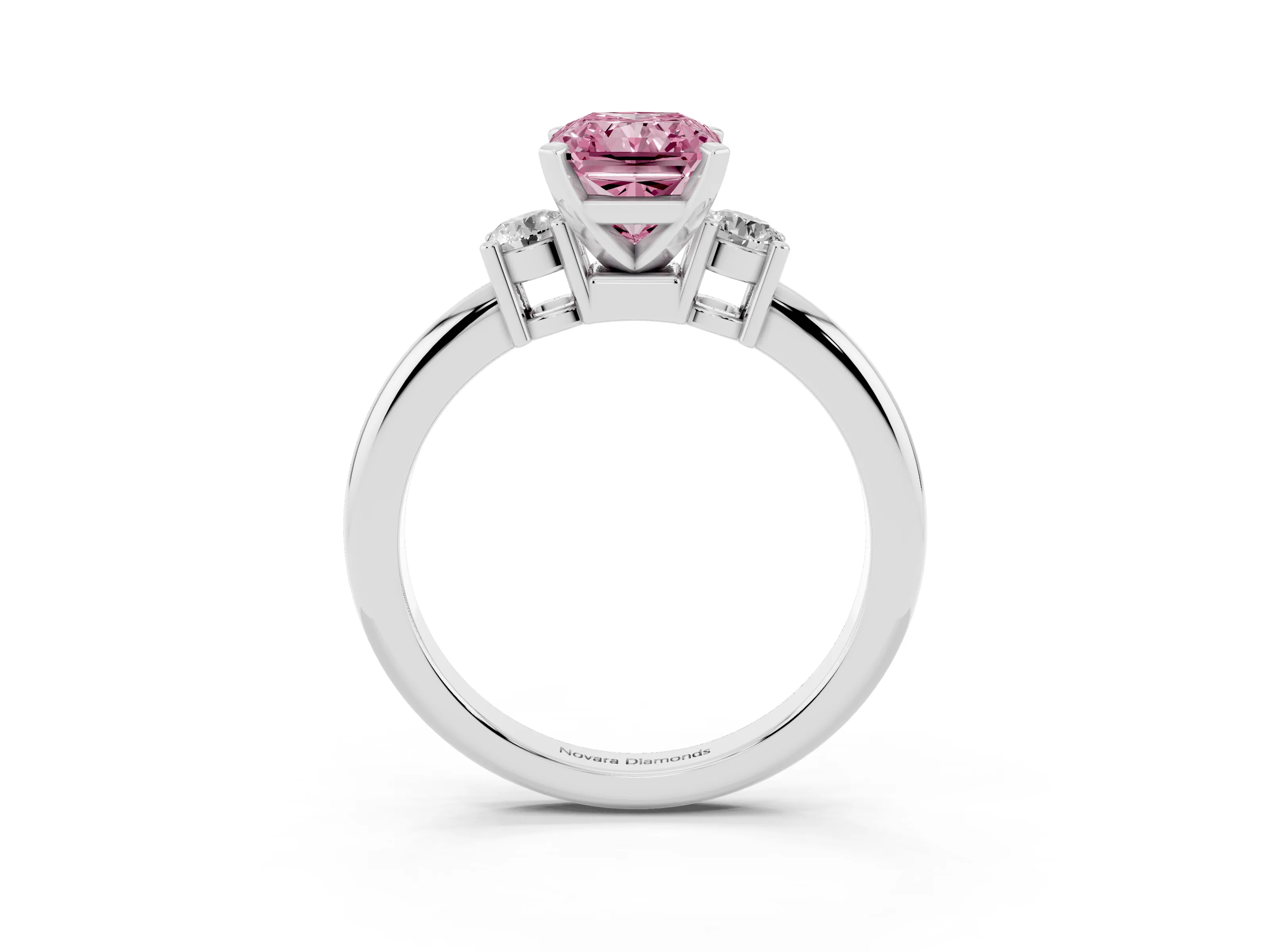 Fancy Pink Three-Stone Radiant Cut Diamond Ring Set in Platinum with Prong Setting and Plain Band
