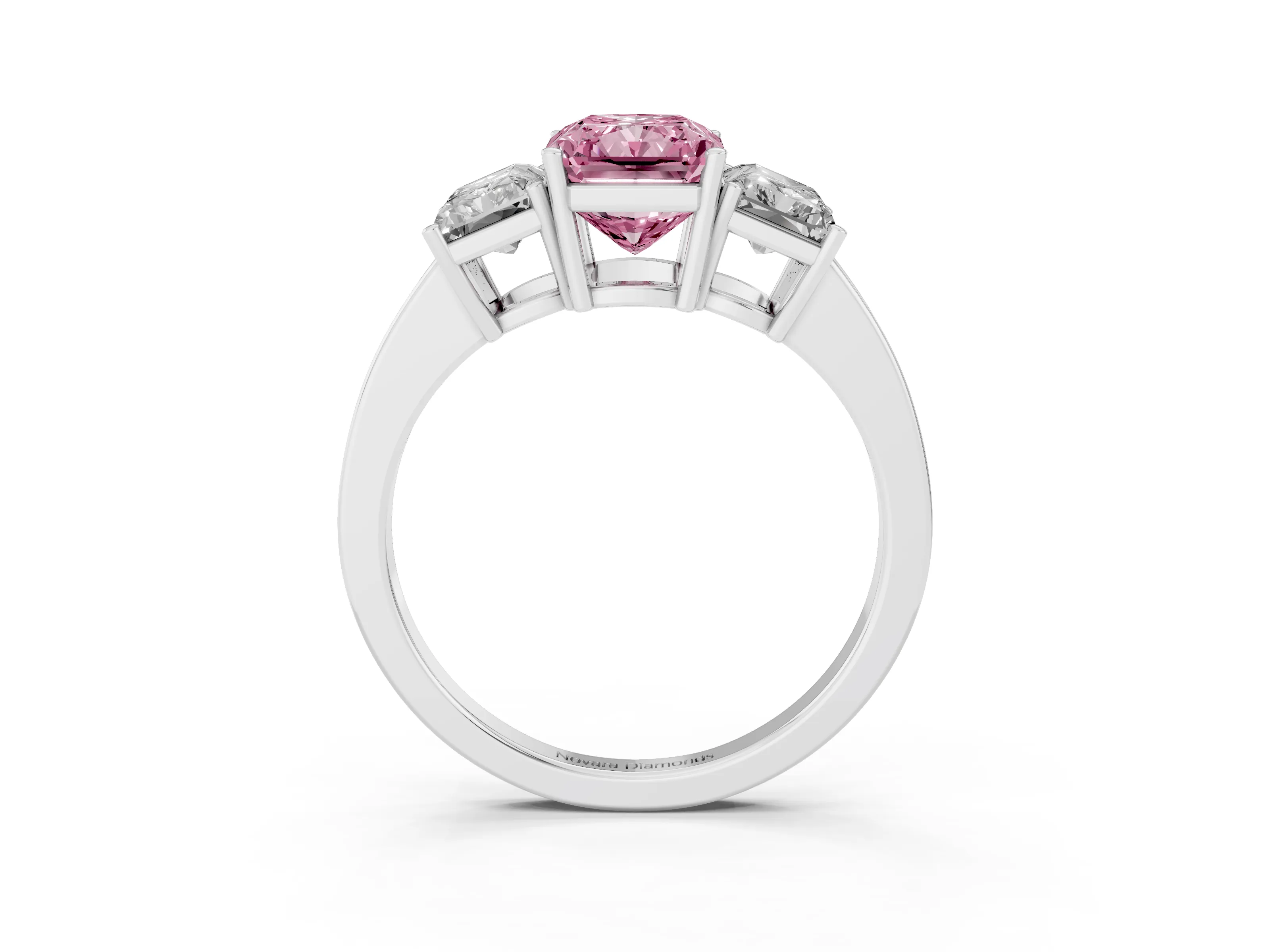 Fancy Pink Radiant Cut Diamond Three-Stone Engagement Ring Set in Platinum with Flat Band
