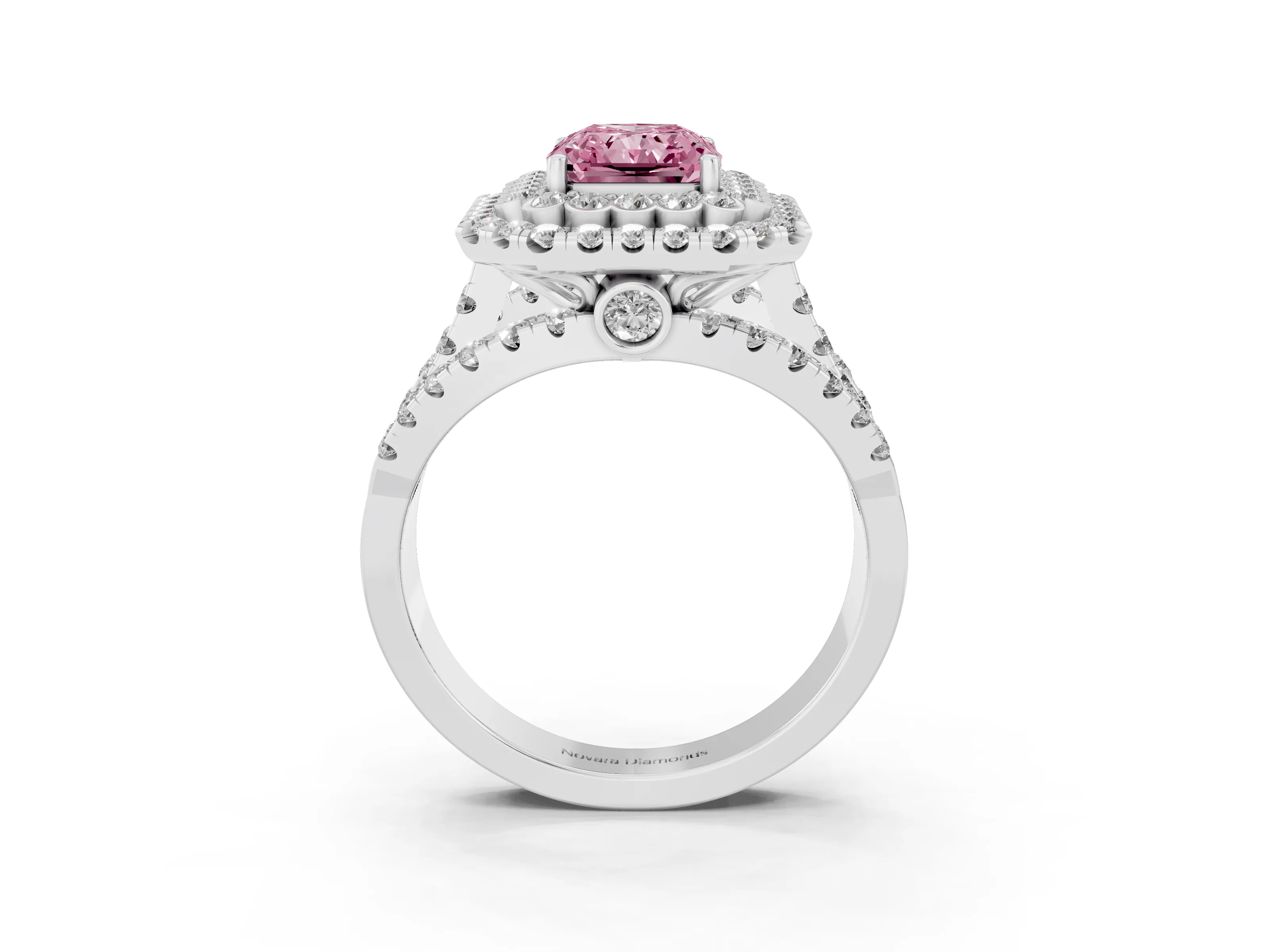 Fancy Pink Radiant Cut Diamond Double Halo Ring Set in White gold with Round Pavé Split Shank