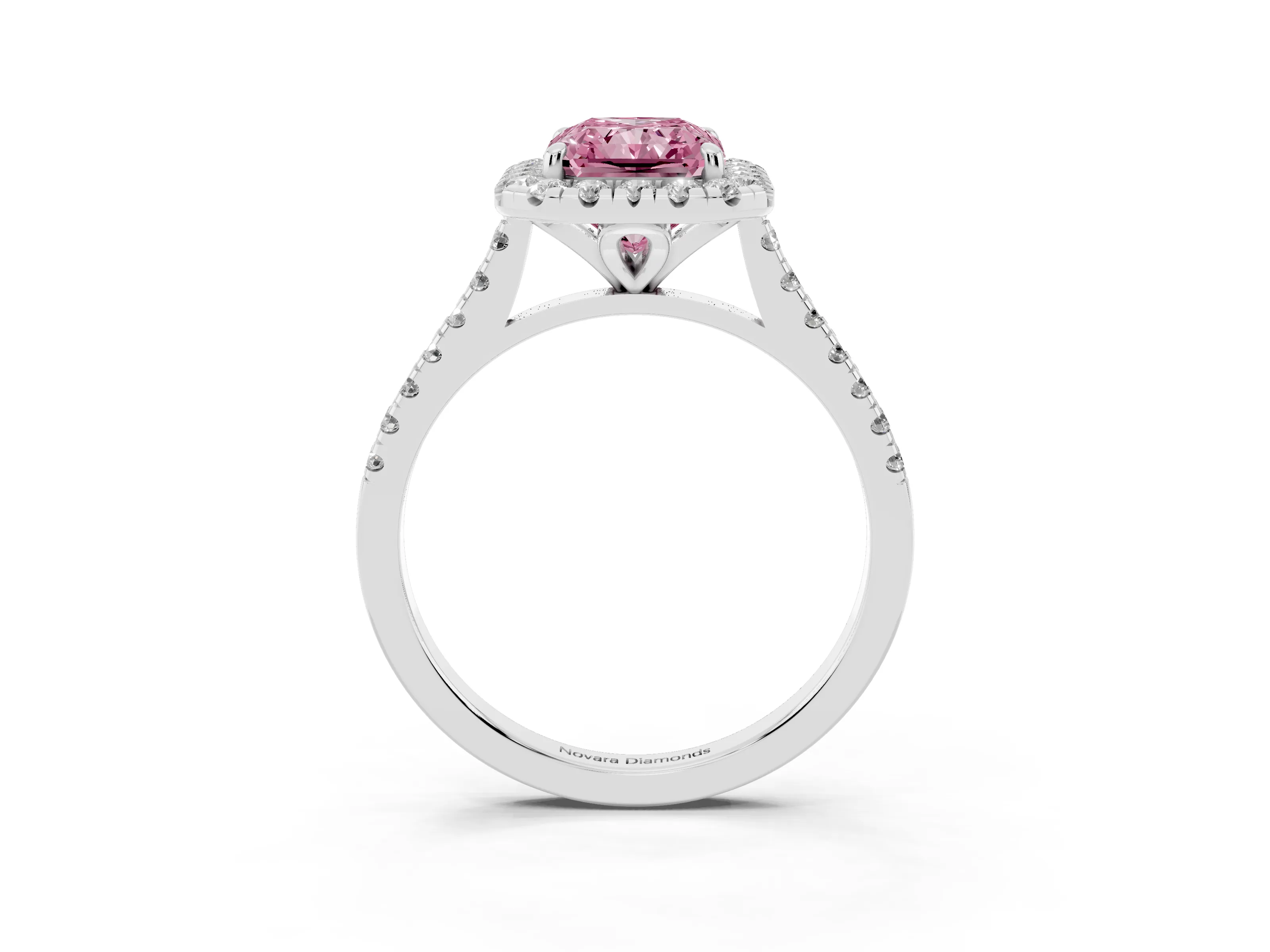 Fancy Pink Radiant Cut Diamond Cushion Halo Ring Set in Silver with Pavé Band