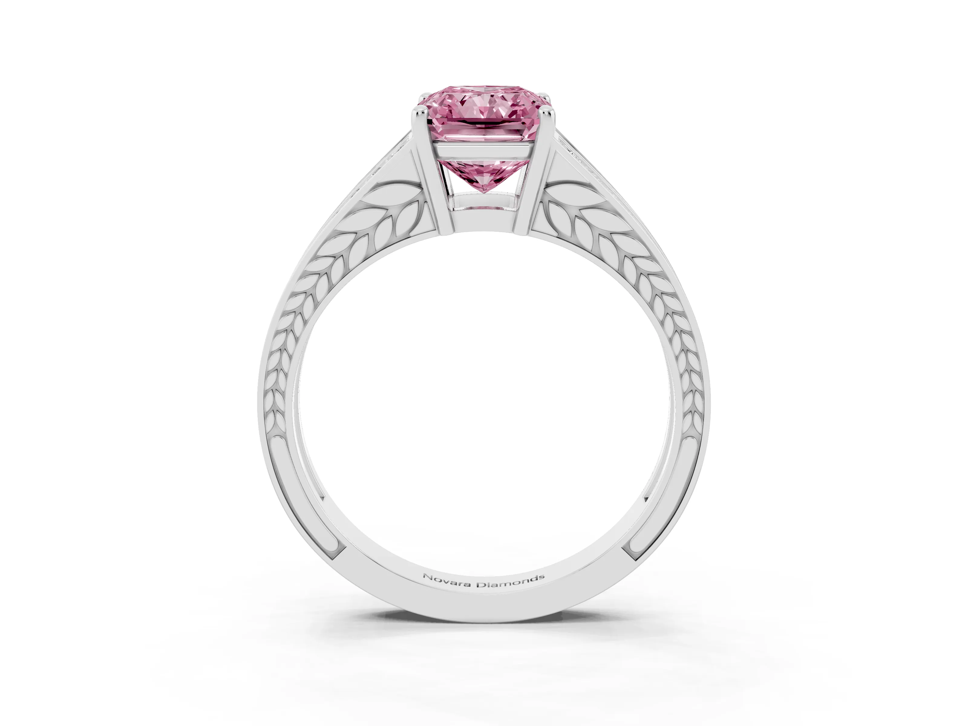 Fancy Pink Radiant Cut Diamond Split Shank Ring Set in Platinum with Pavé Band and Prong Setting