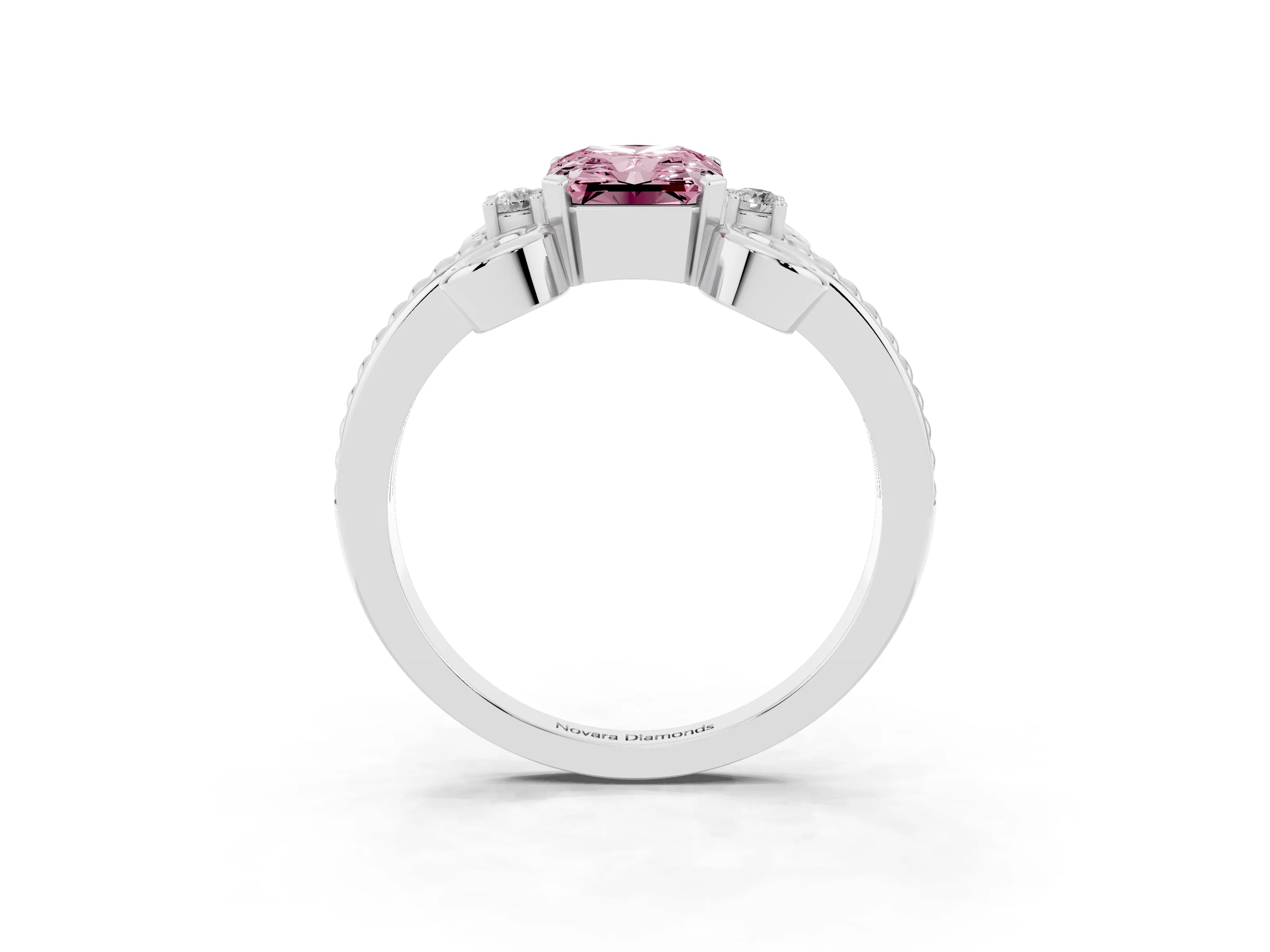Fancy Pink Radiant Cut Diamond Twisted Band Solitaire Ring Set in Platinum with Scroll Prongs