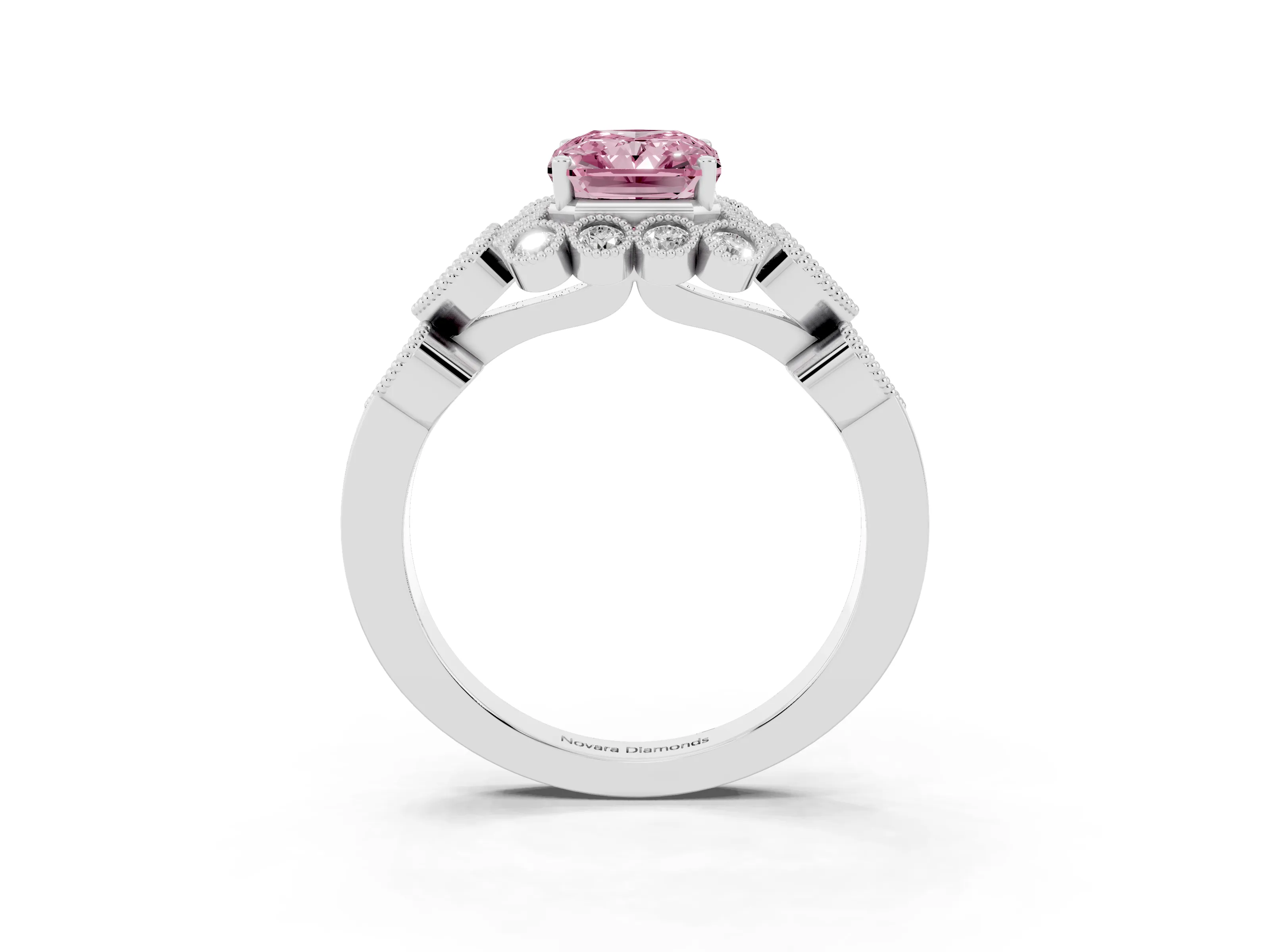 Fancy Pink Radiant Cut Diamond Solitaire Ring Set in Silver with Milgrain Pavé Heart Band