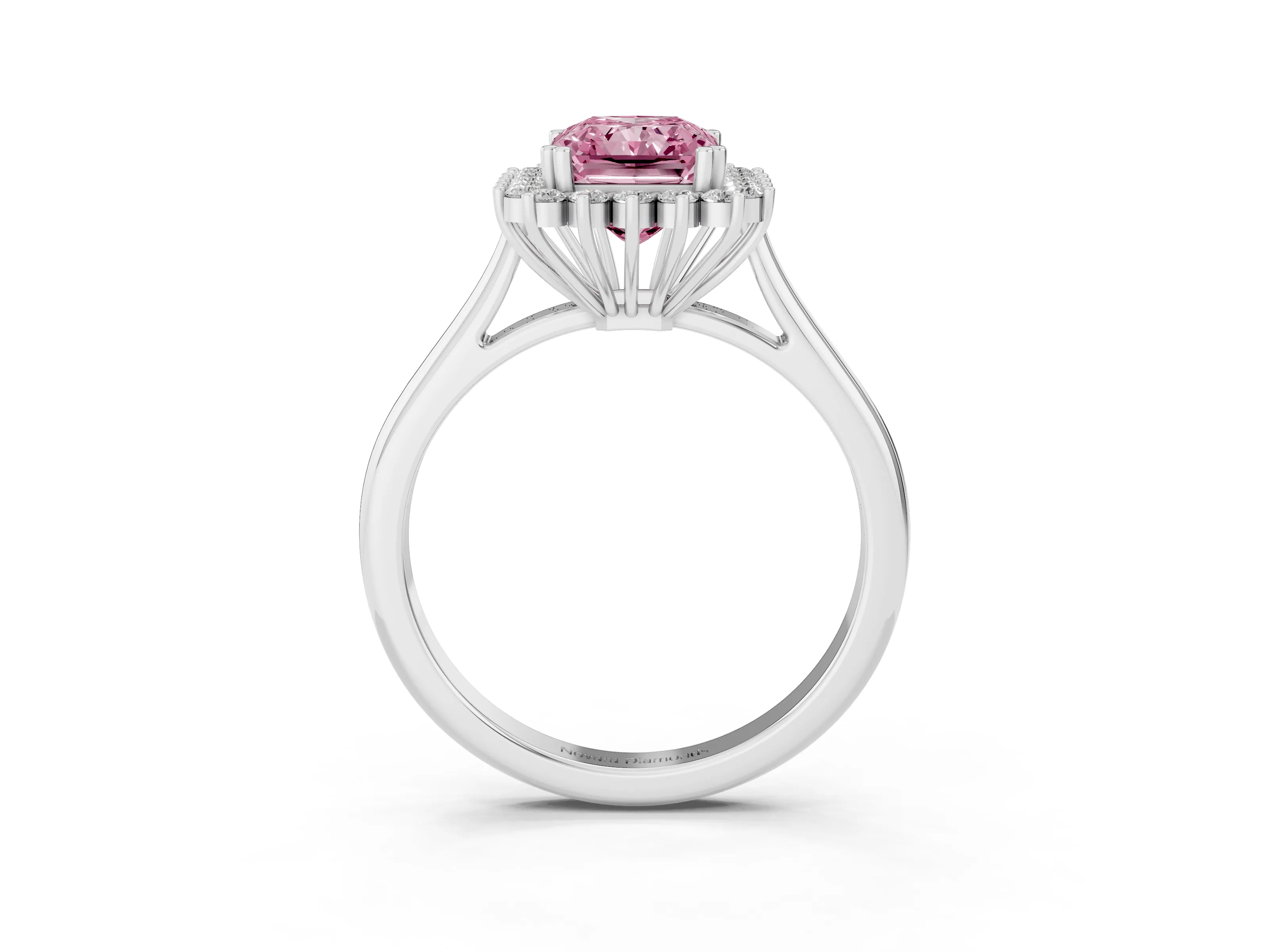 Fancy Pink Radiant Cut Diamond Halo Ring Set in Platinum with Plain Solitaire Band and Prong Setting