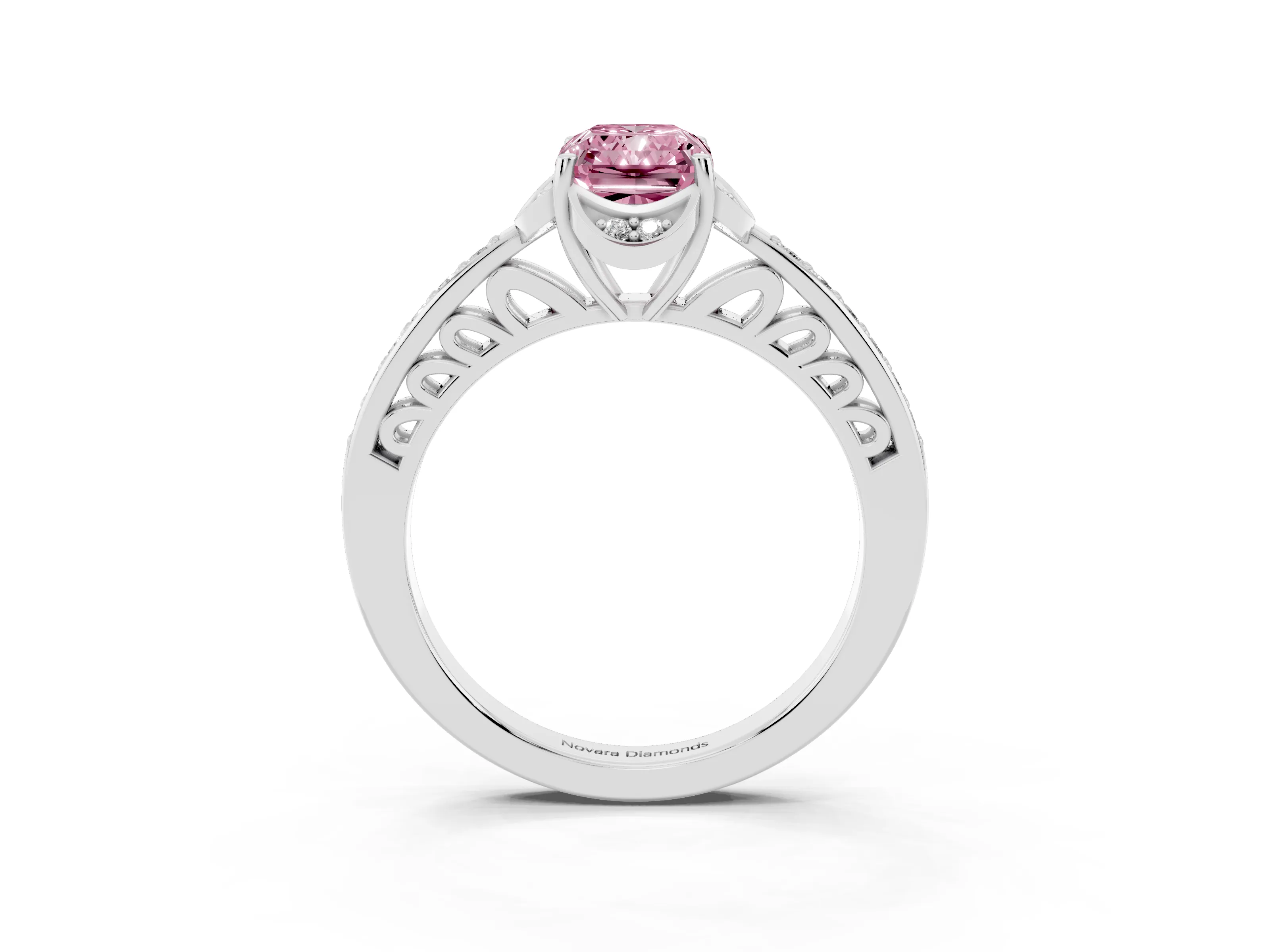 Fancy Pink Radiant Cut Diamond Halo Ring Set in Platinum with Channel Set Band and Prong Setting
