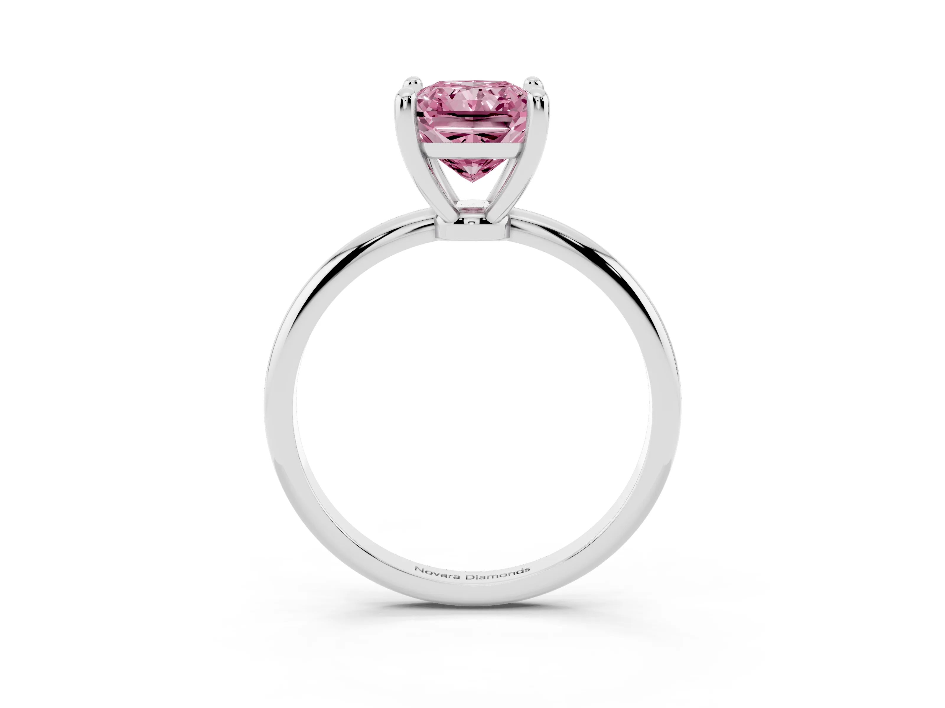 Fancy Pink Radiant Cut Diamond Solitaire Ring Set in White gold with Secure Prong Setting on a Classic Band