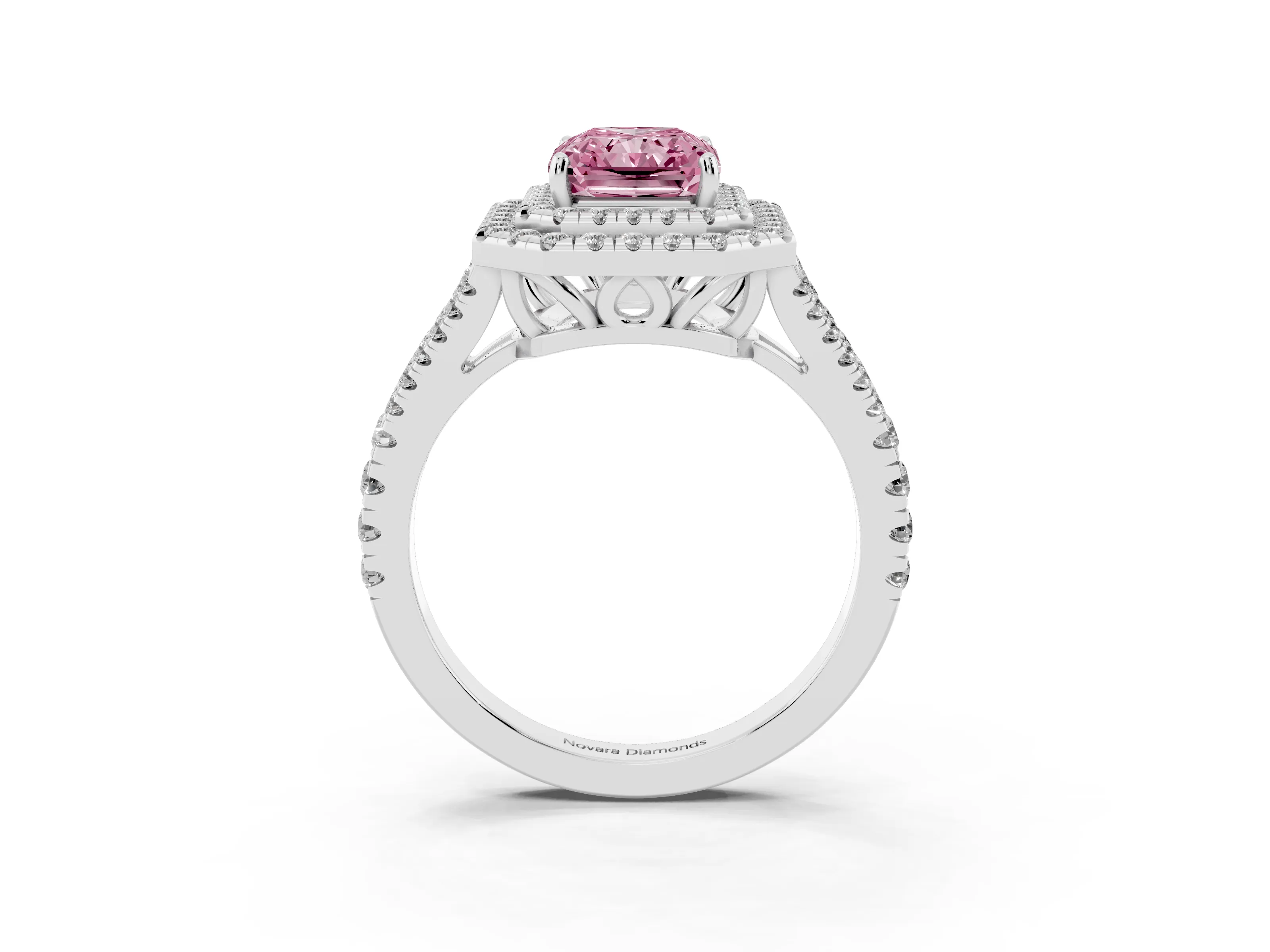 Fancy Pink Radiant Cut Diamond Double Halo Ring Set in White gold with Pavé Band