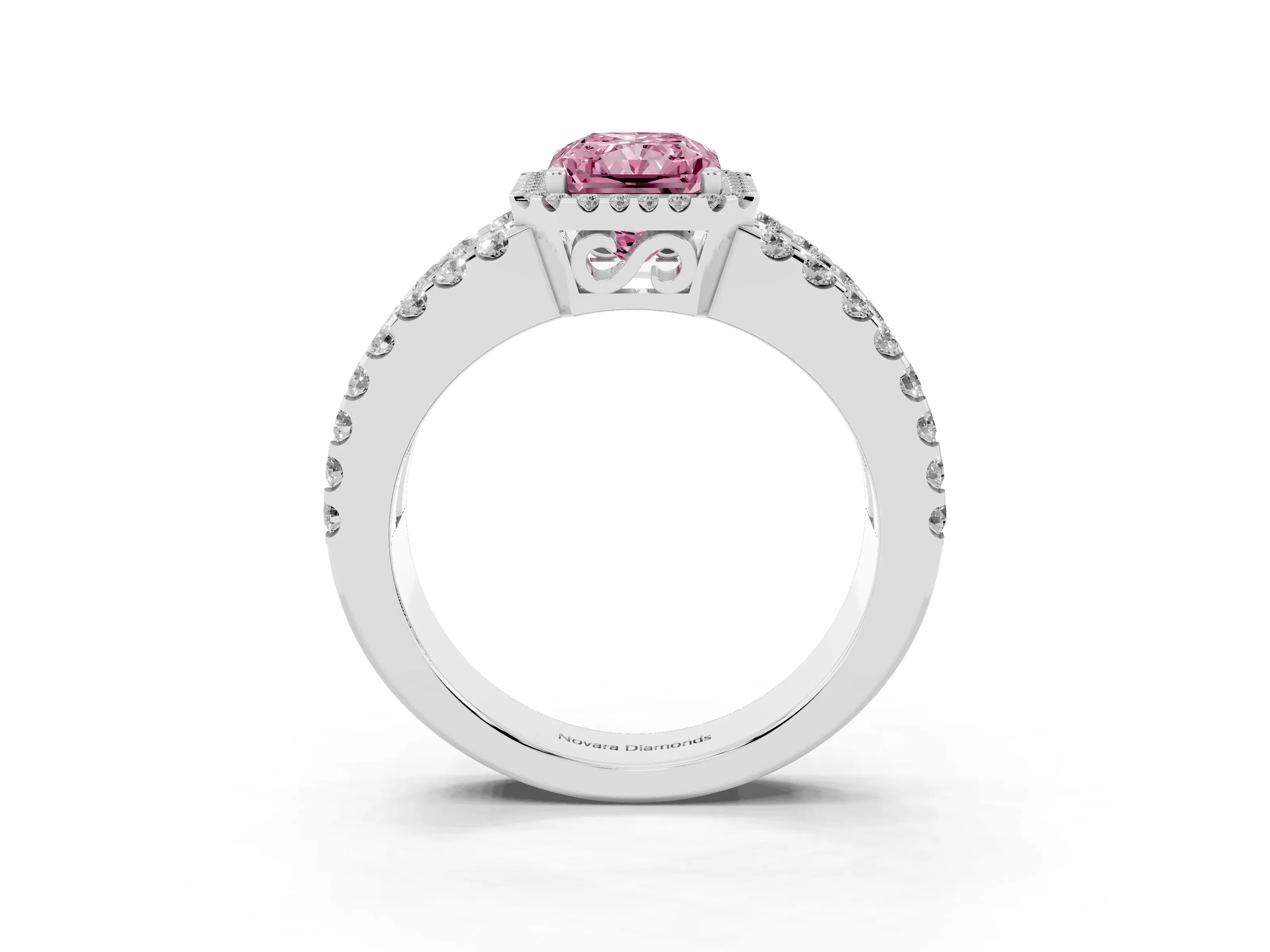 Fancy Pink Radiant Cut Diamond Halo Ring Set in Silver with Pavé Split Shank and Prong Setting