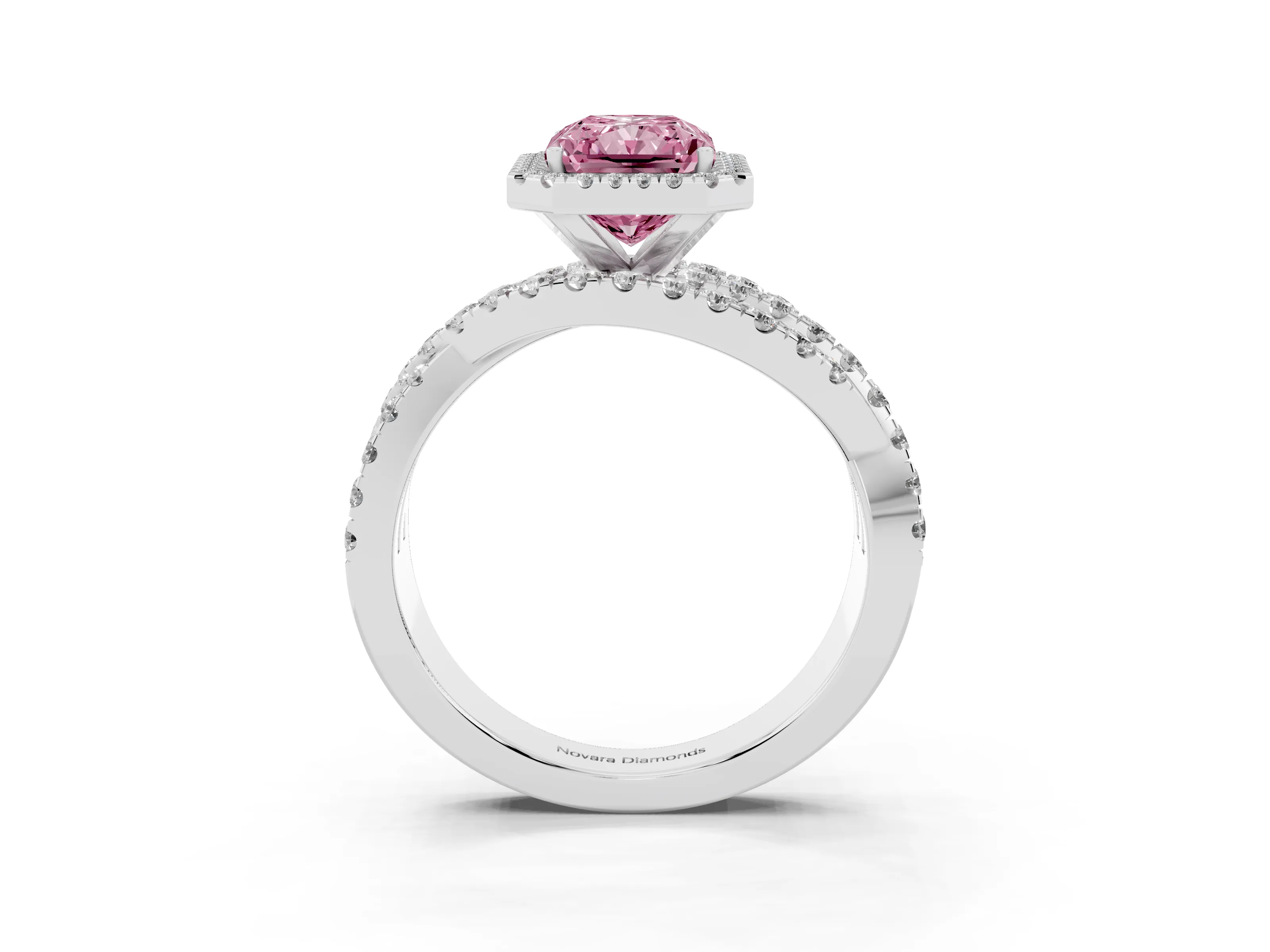 Fancy Pink Radiant Cut Diamond Halo Ring Set in Platinum with Round Crossover Split Shank and Prong Setting