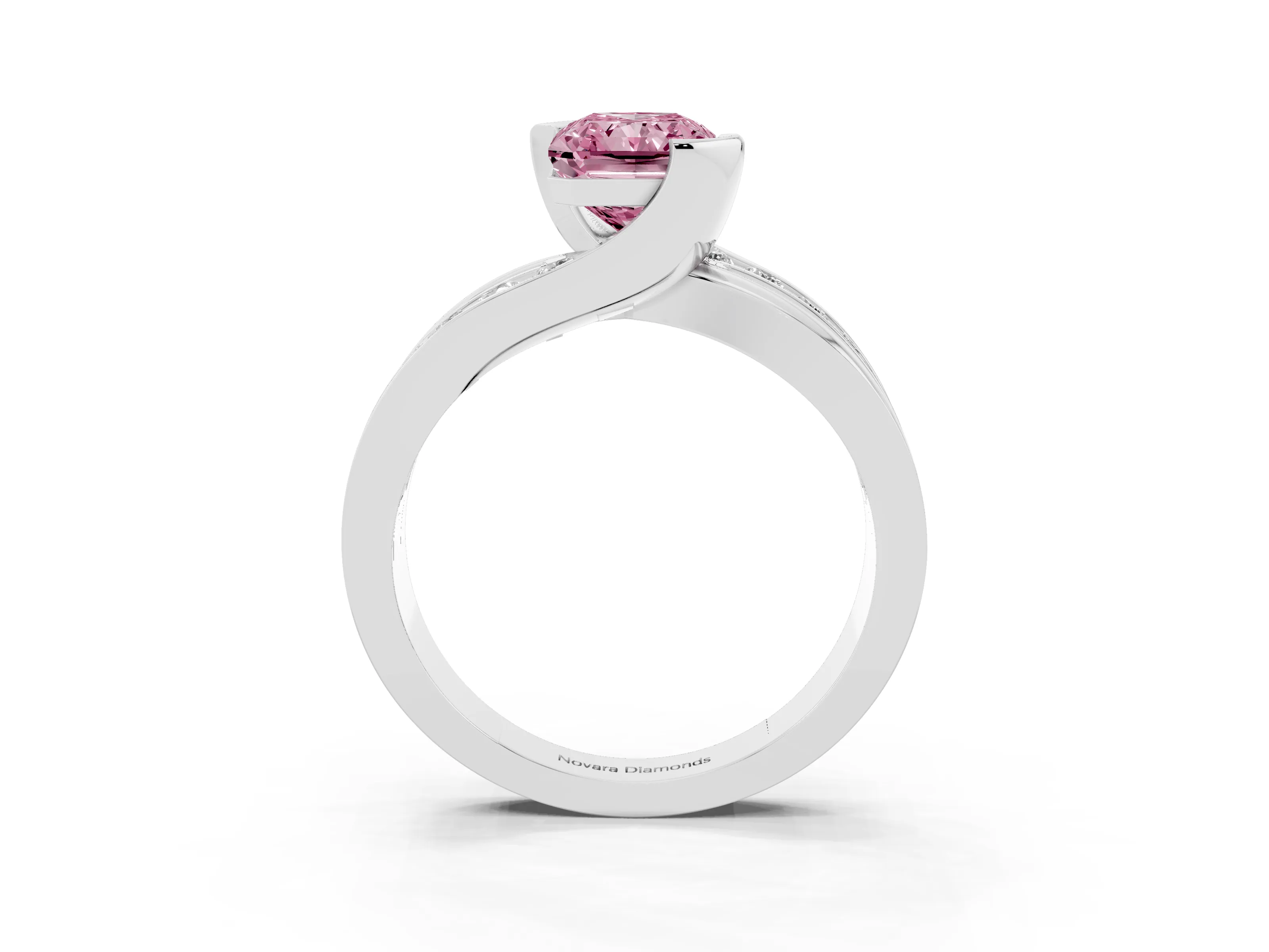Fancy Pink Radiant Cut Diamond Solitaire Ring Set in Platinum with Channel Set Split Shank and Tension Prongs