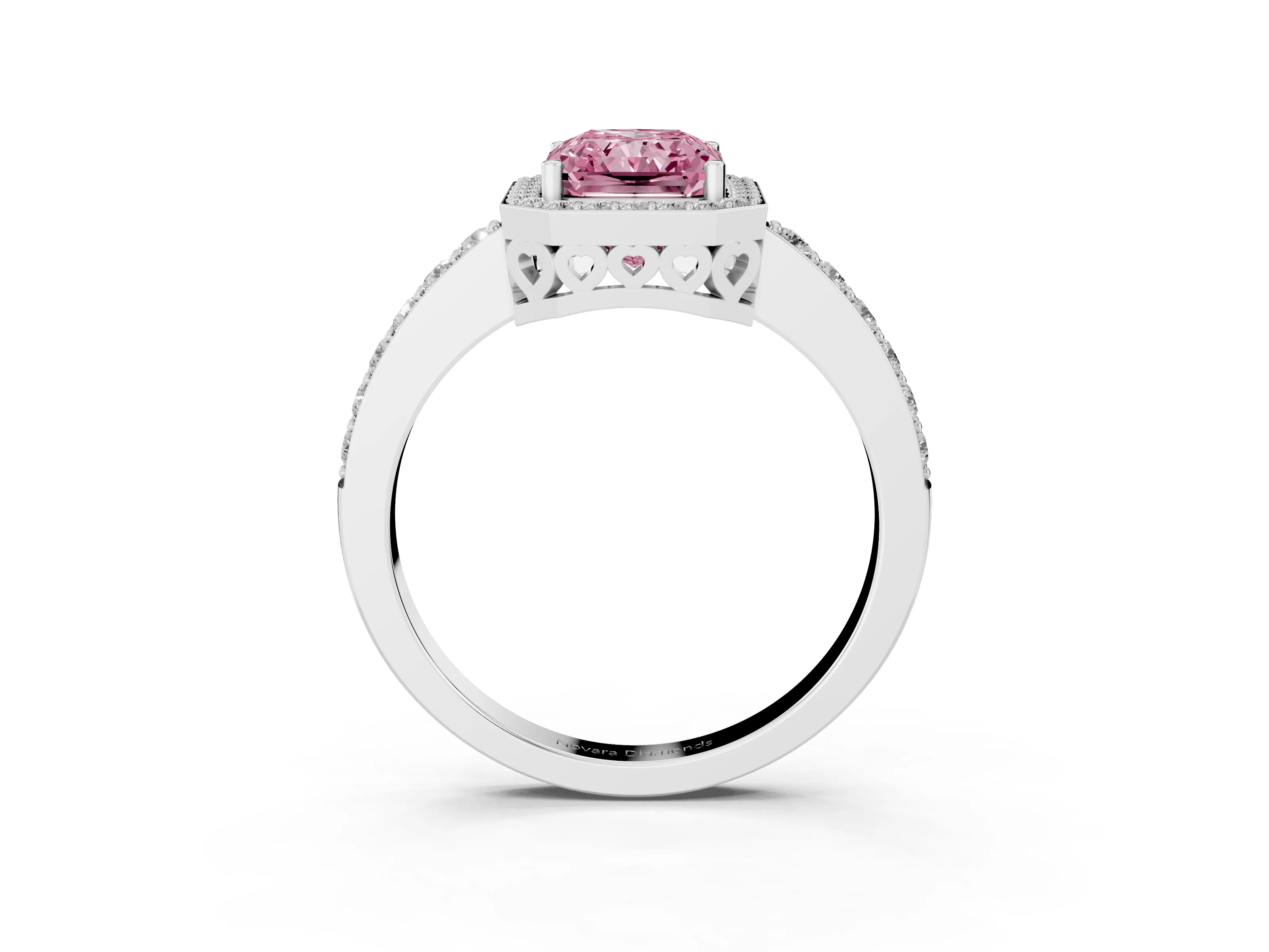 Fancy Pink Radiant Cut Diamond Halo Ring Set in White gold with Pavé-Setting Band and Open Prong Center