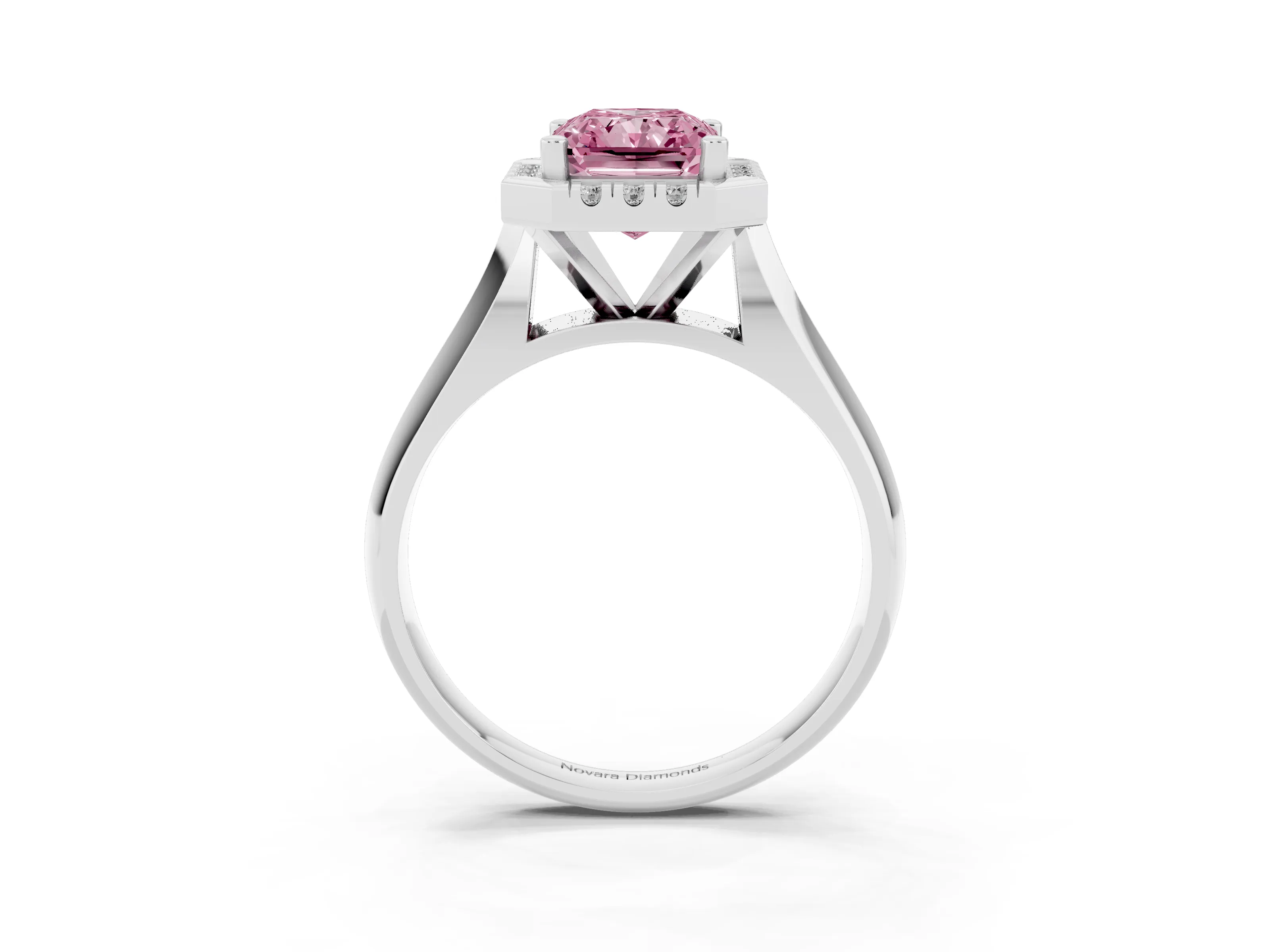 Fancy Pink Radiant Cut Diamond Halo Solitaire Engagement Ring Set in White gold with Square Band and Prong Setting