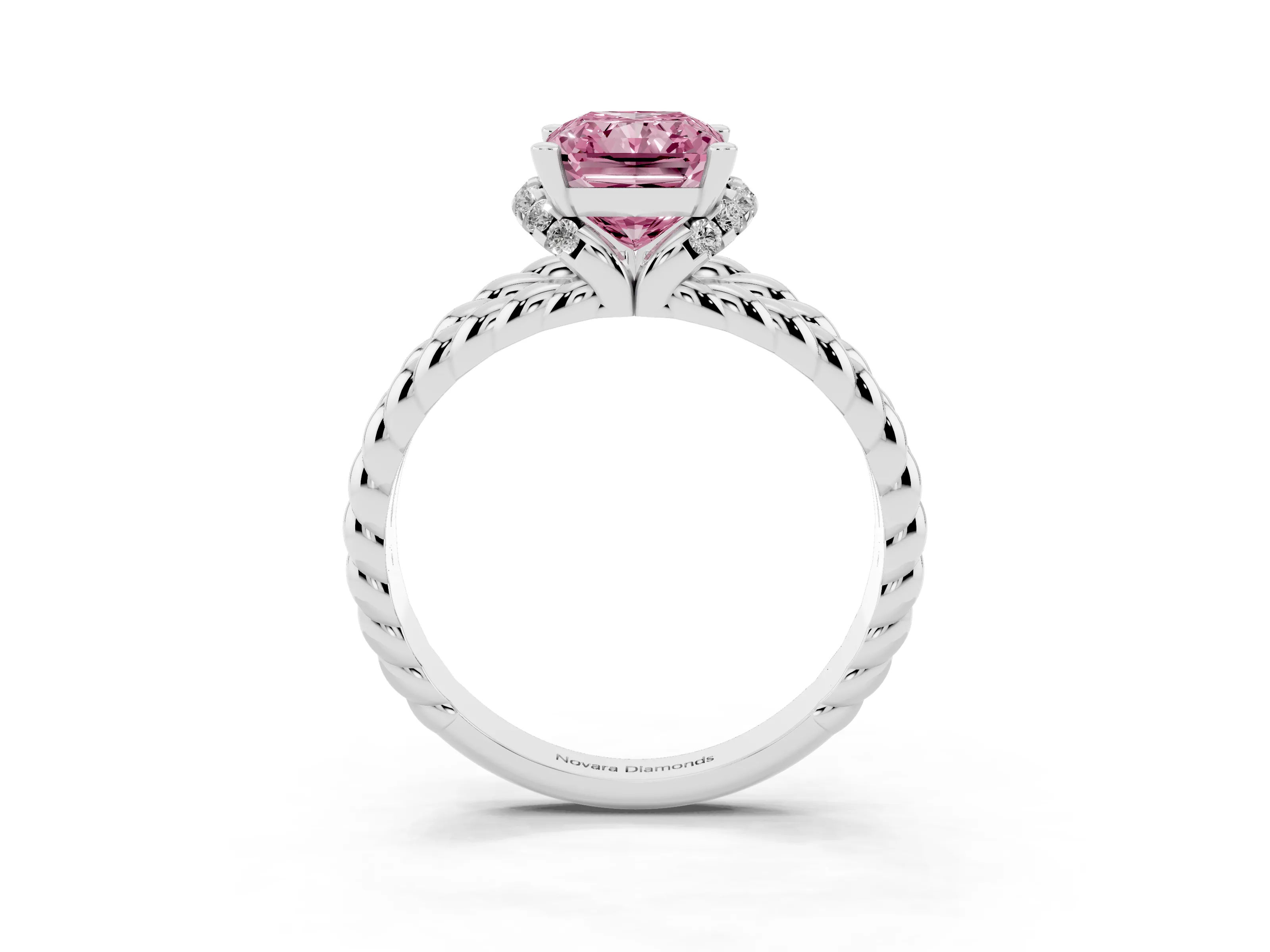 Fancy Pink Radiant Cut Diamond Halo Ring Set in White gold with Twisted Band and Prong Setting