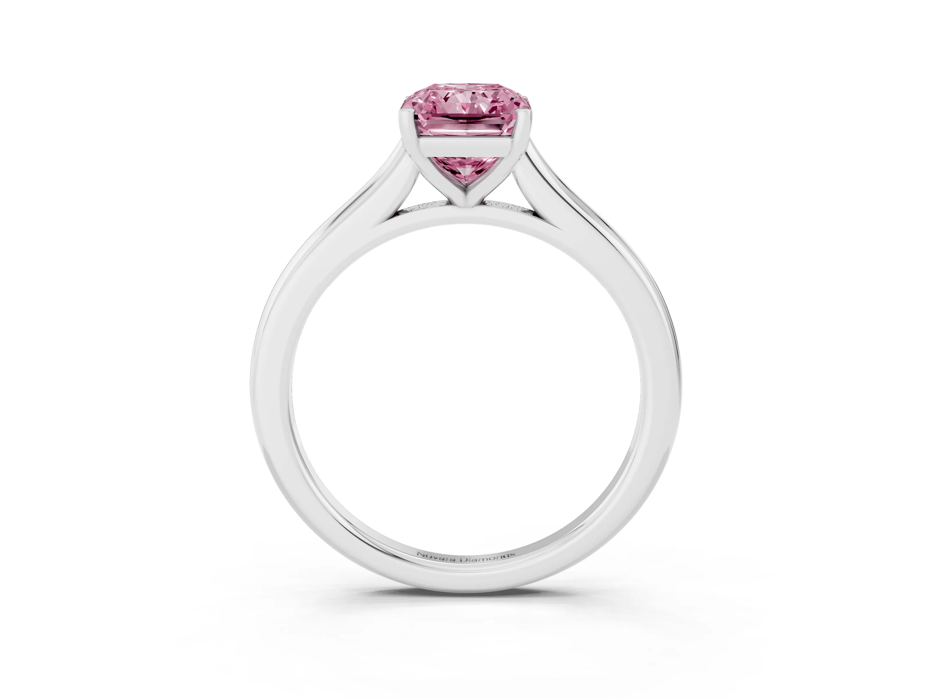 Fancy Pink Radiant Cut Diamond Solitaire Ring Set in Platinum with Cathedral Band and Prong Setting