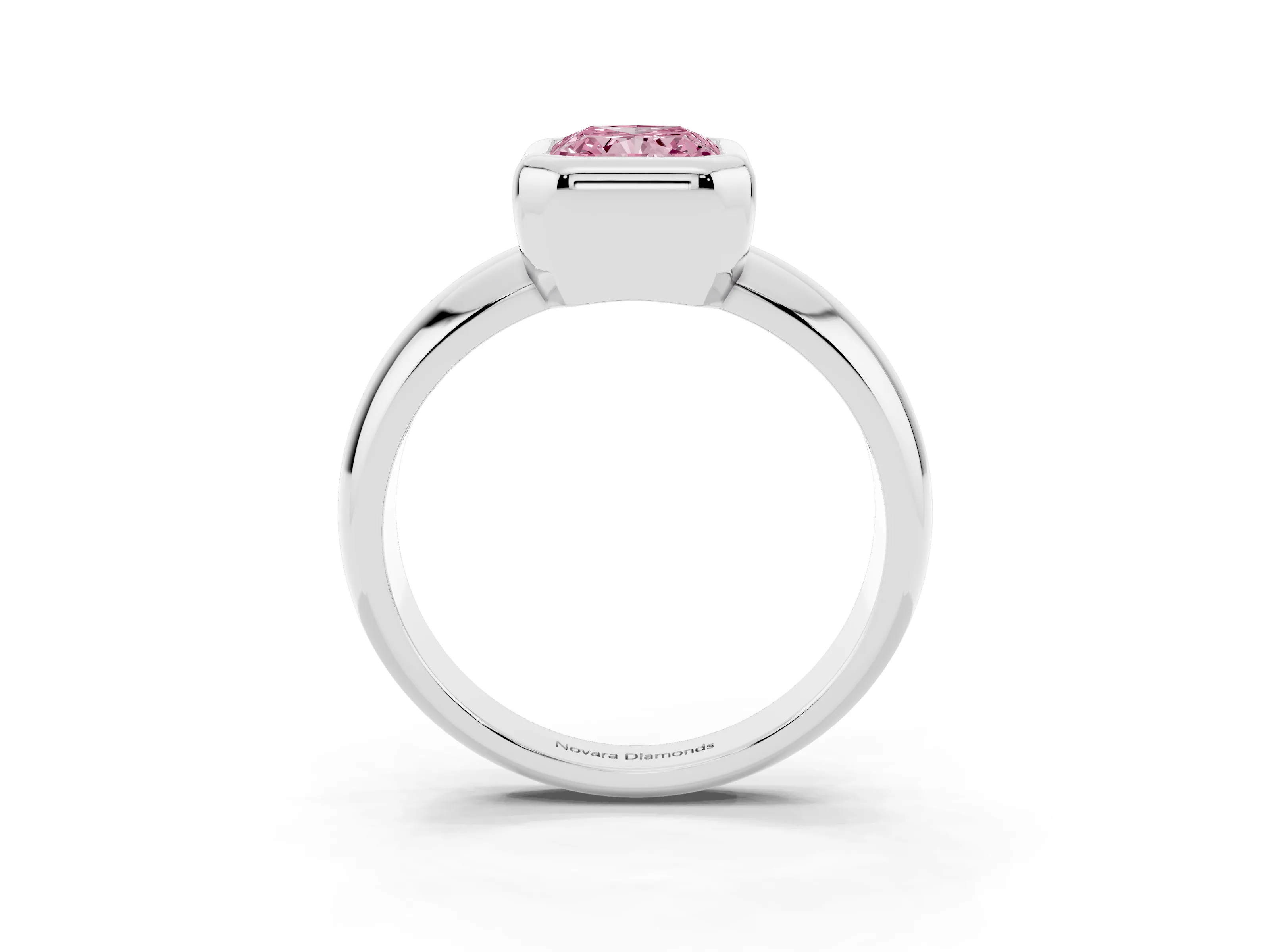 Fancy Pink Bezel Set Radiant Cut Diamond Solitaire Ring Set in Silver with Wide Band