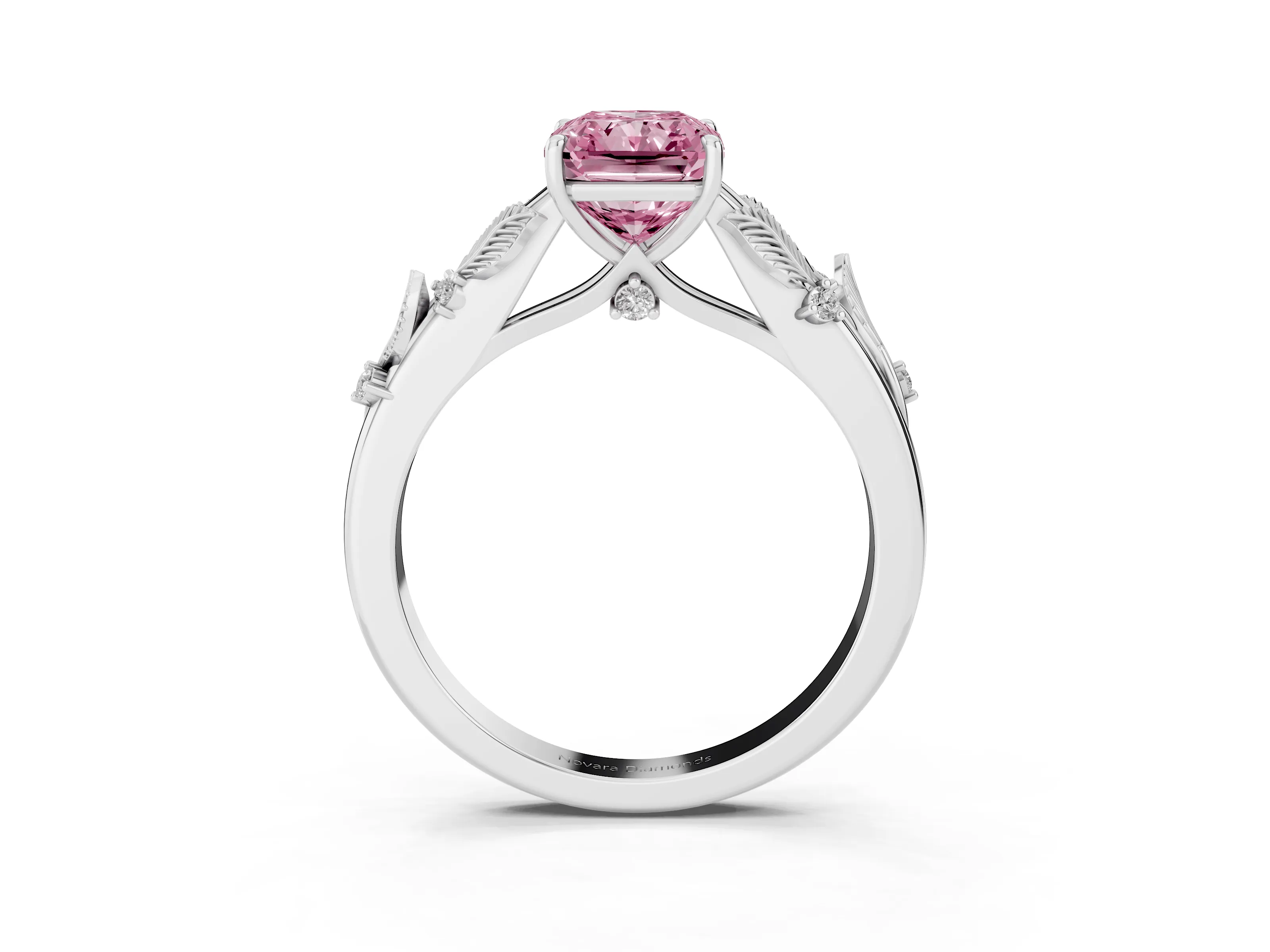 Fancy Pink Radiant Cut Diamond Solitaire Ring Set in White gold with Leaf Motif Band