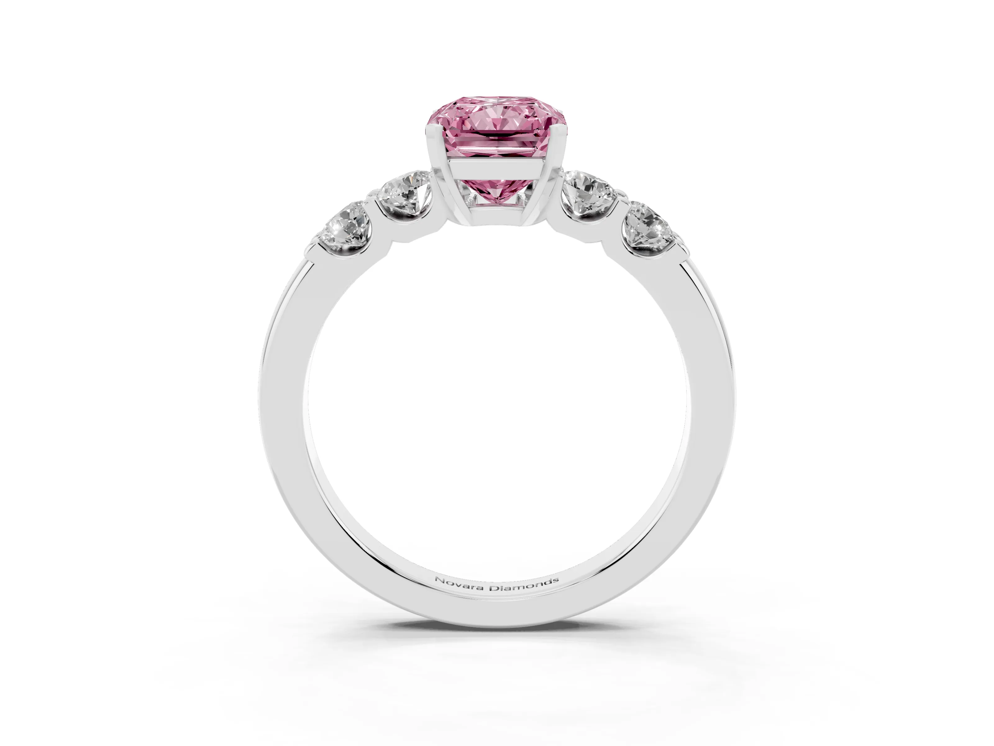 Fancy Pink Radiant Cut Diamond Five-Stone Prong Set Engagement Ring Set in Silver with Channel Band