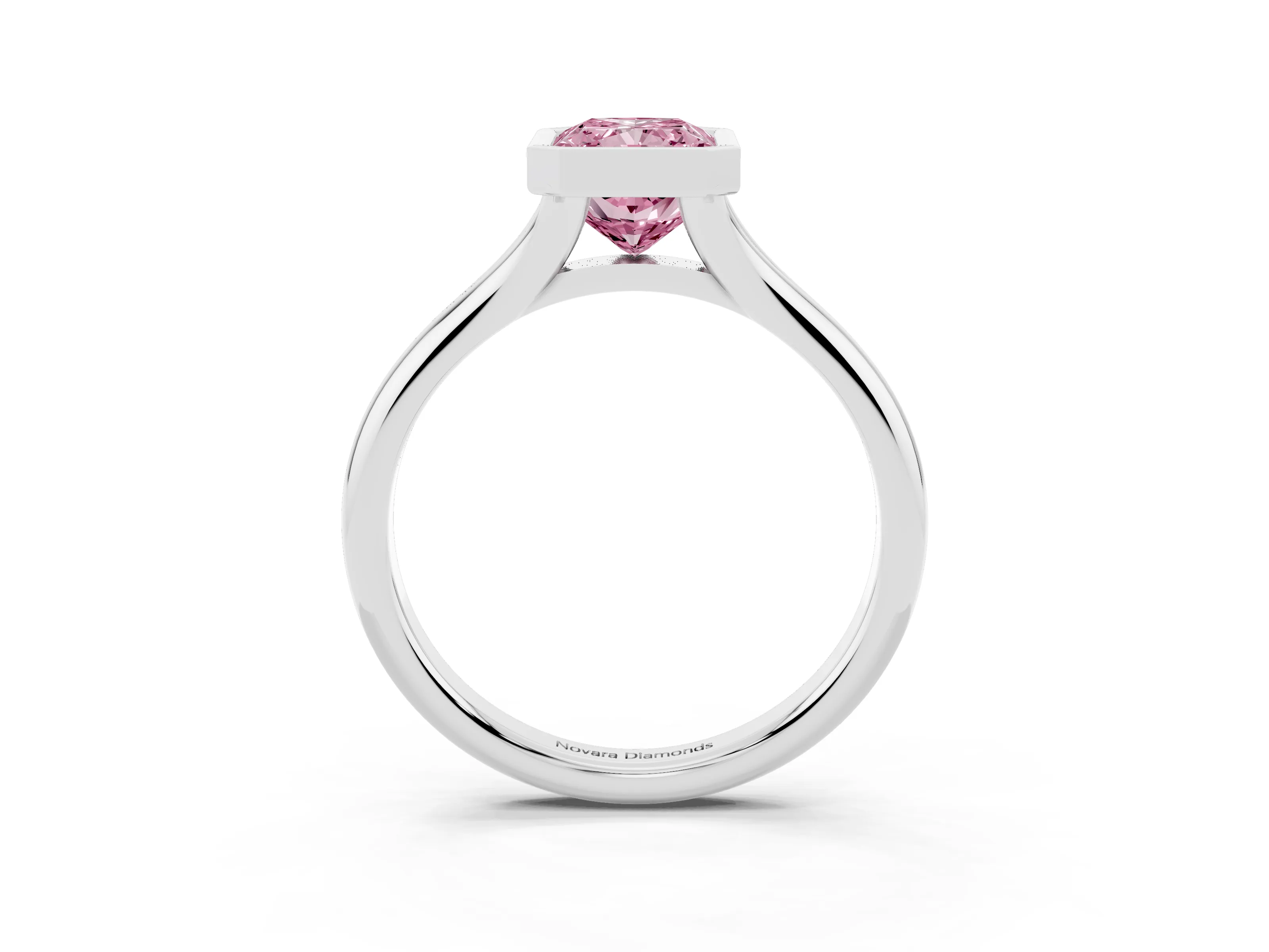 Fancy Pink Bezel Set Radiant Cut Diamond Solitaire Ring Set in Platinum with Smooth Band