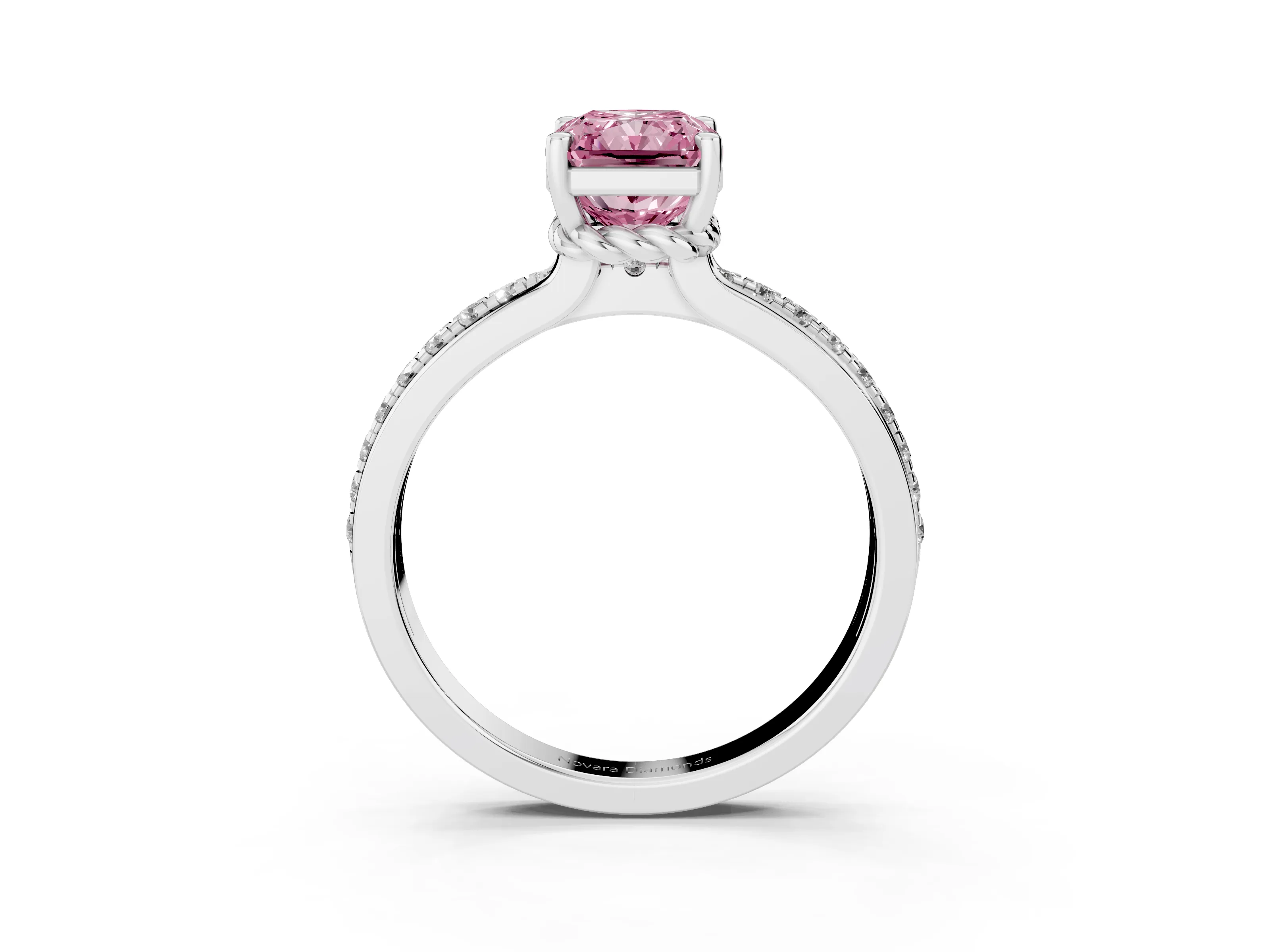 Fancy Pink Radiant Cut Diamond Solitaire Ring Set in White gold with Channel Set Band and Prong Setting