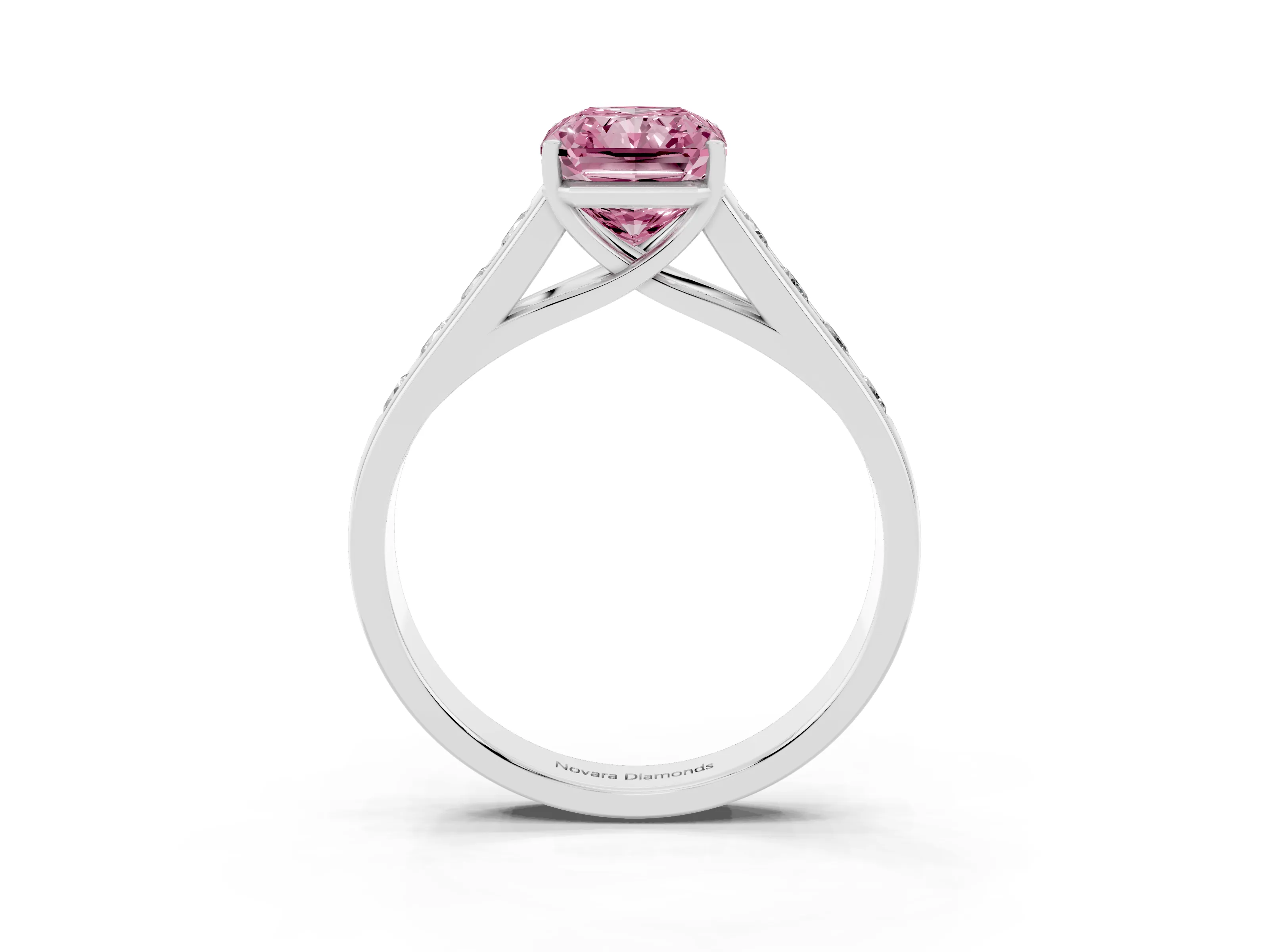 Fancy Pink Radiant Cut Diamond Brilliant Channel-Set Solitaire Ring Set in White gold with Prong Setting