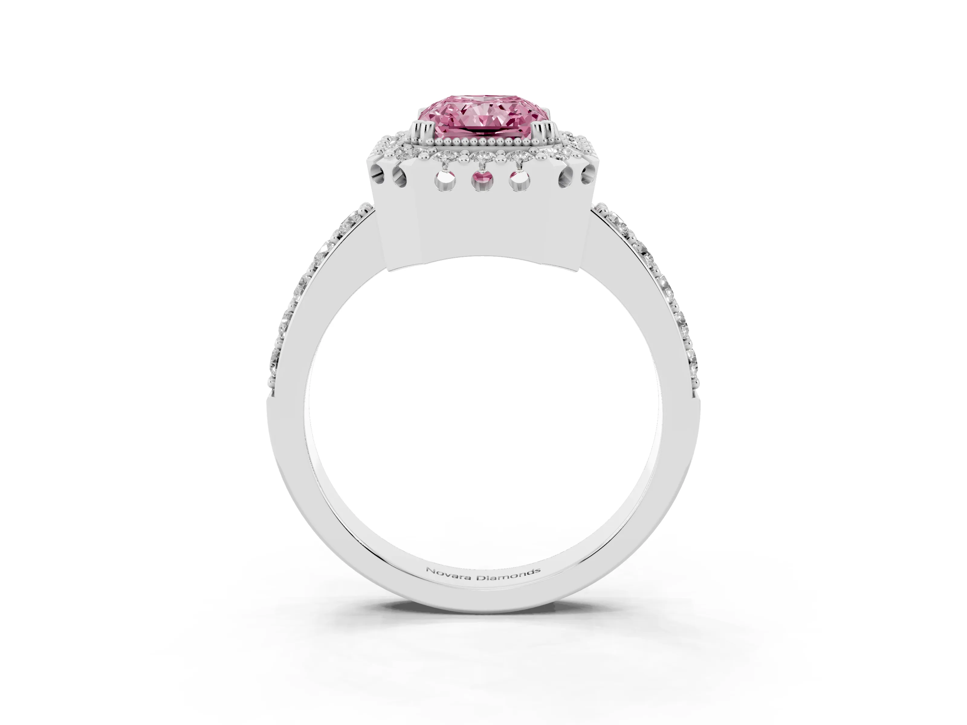 Fancy Pink Radiant Cut Diamond Halo Ring Set in White gold with Pavé Shank and Prong Setting