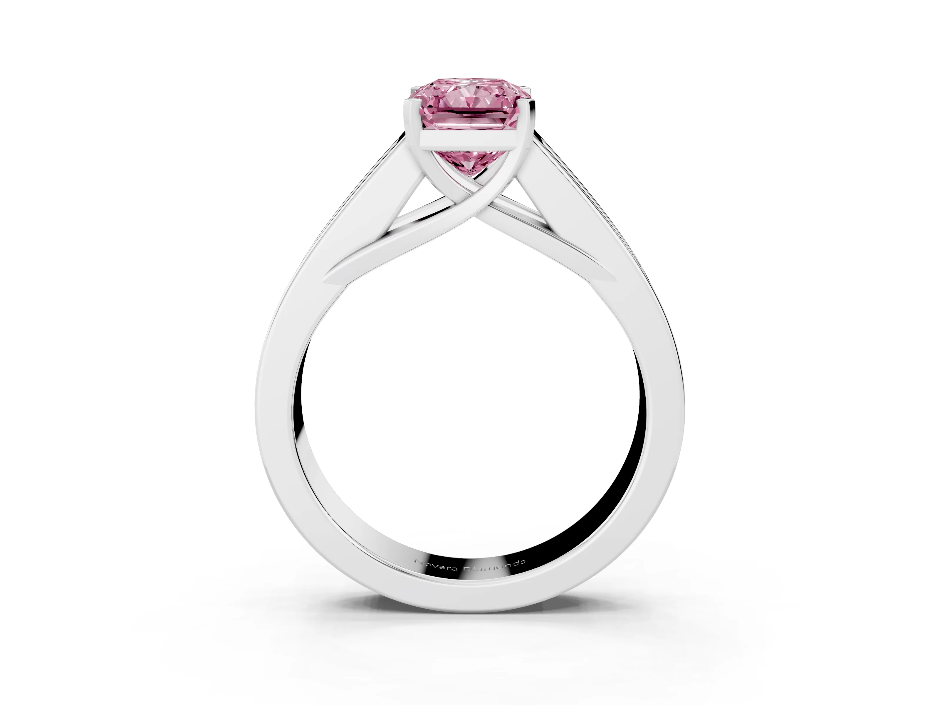 Fancy Pink Radiant Cut Diamond Solitaire Ring Set in Silver with Channel-Set Accent Stones and Prong Setting