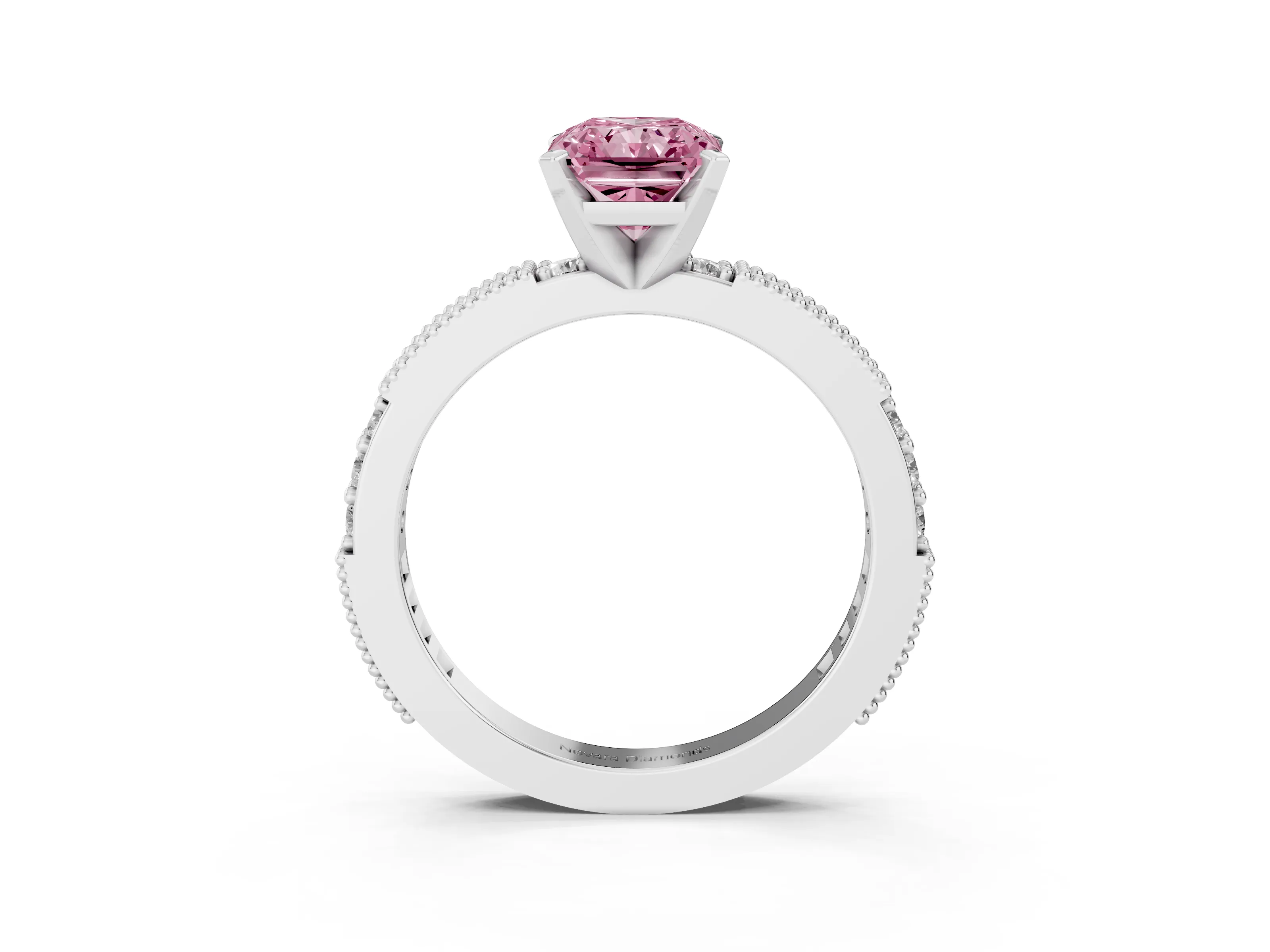 Fancy Pink Radiant Cut Diamond Solitaire Ring Set in Silver with Slim Pavé Band and Prong Setting