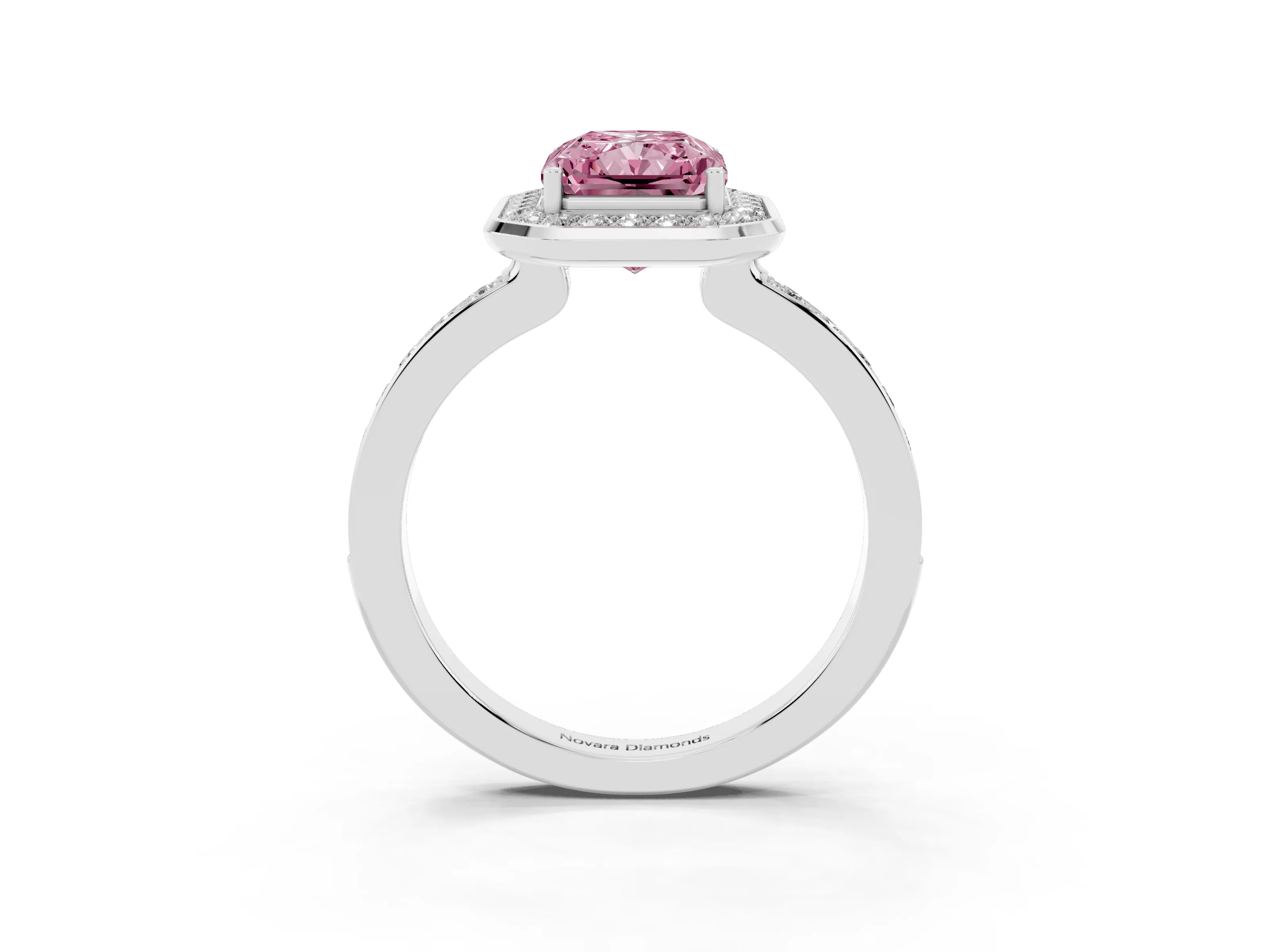 Fancy Pink Radiant Cut Diamond Halo Ring Set in Silver with Bezel Frame and Pavé Band