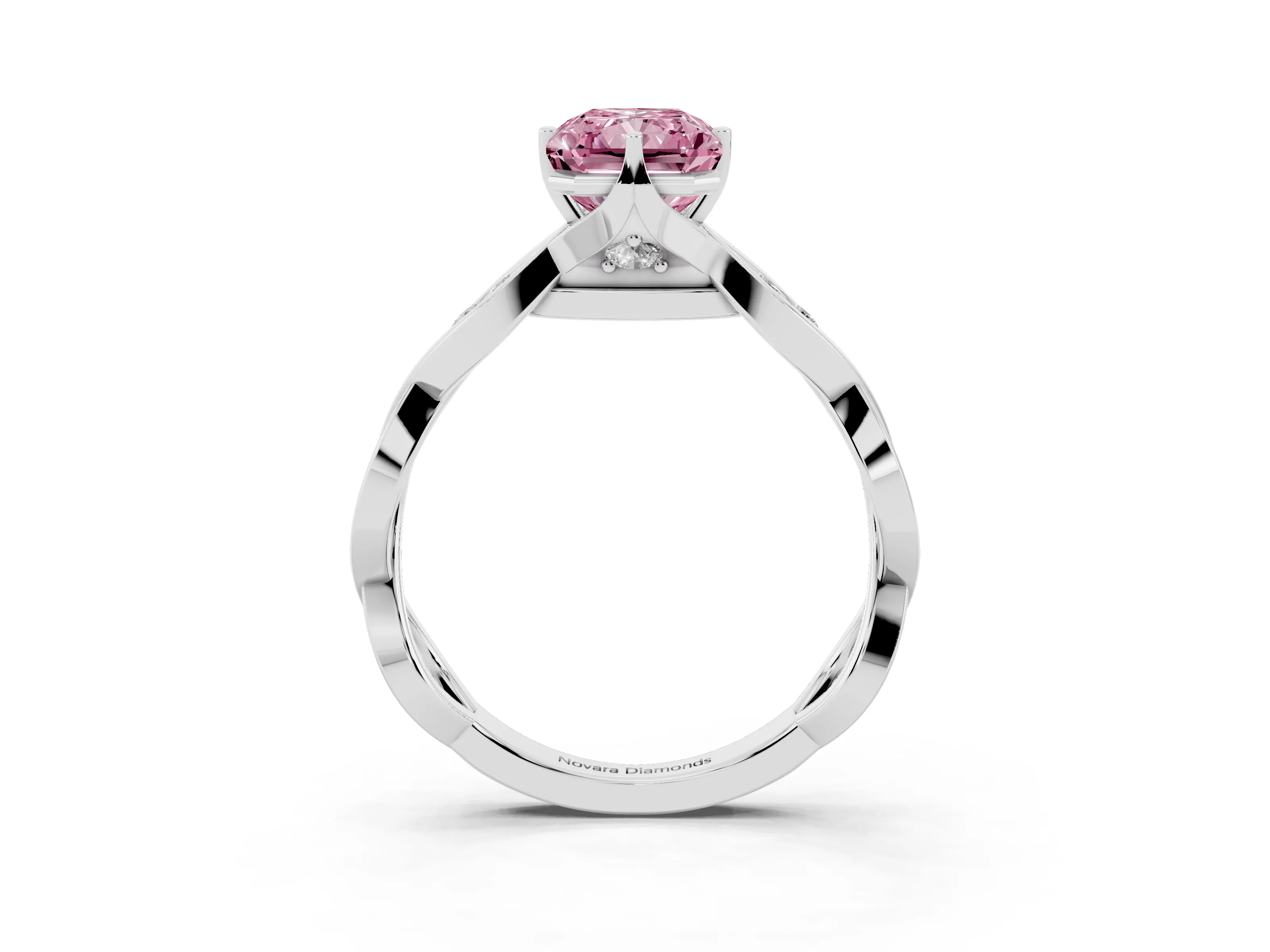 Fancy Pink Radiant Cut Diamond Twist Band Solitaire Ring Set in Platinum with Leaf Prong Setting and Accent Stones