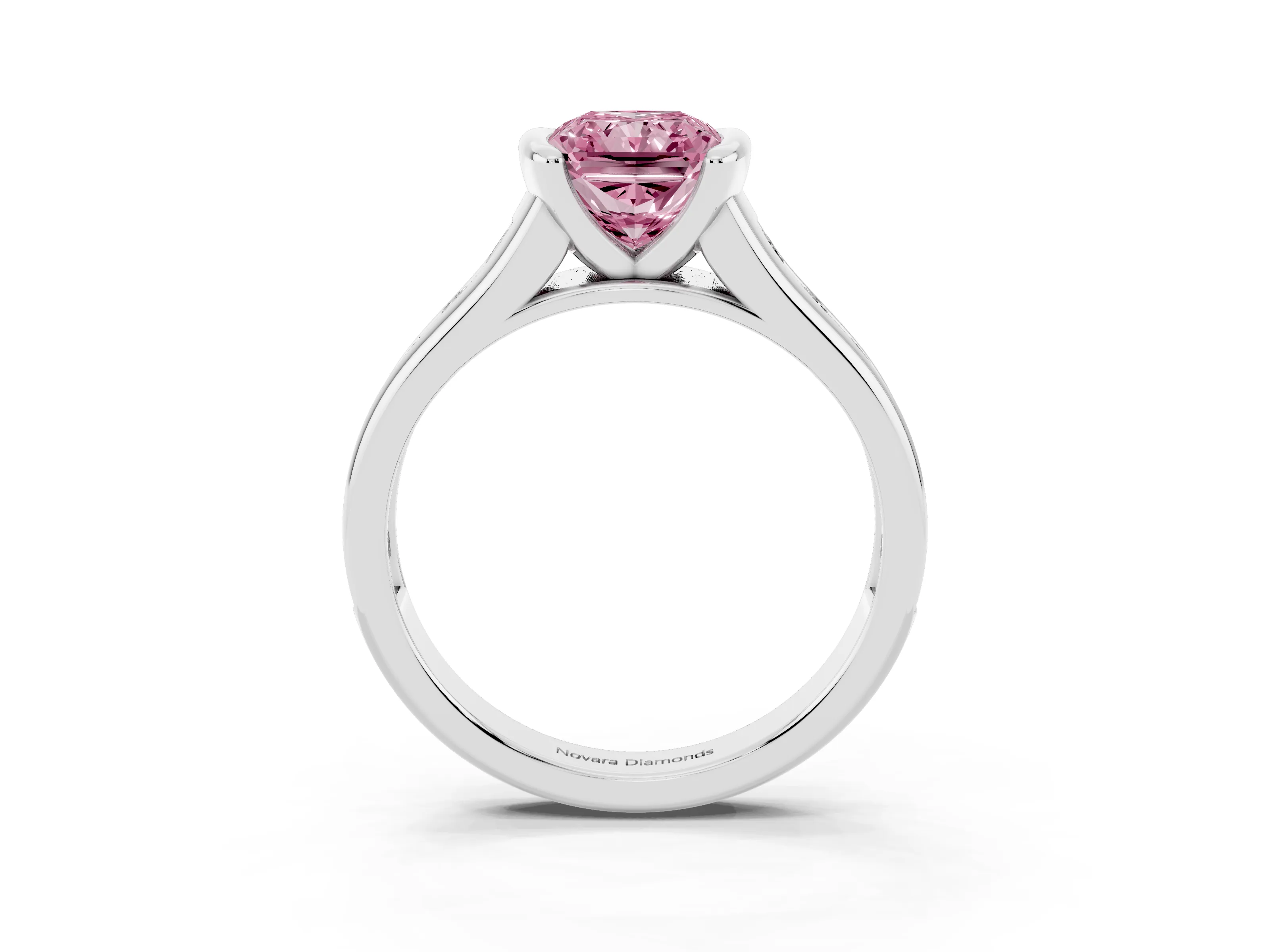 Fancy Pink Radiant Cut Diamond Bezel-Set Solitaire Ring Set in White gold with Channel-Set Band