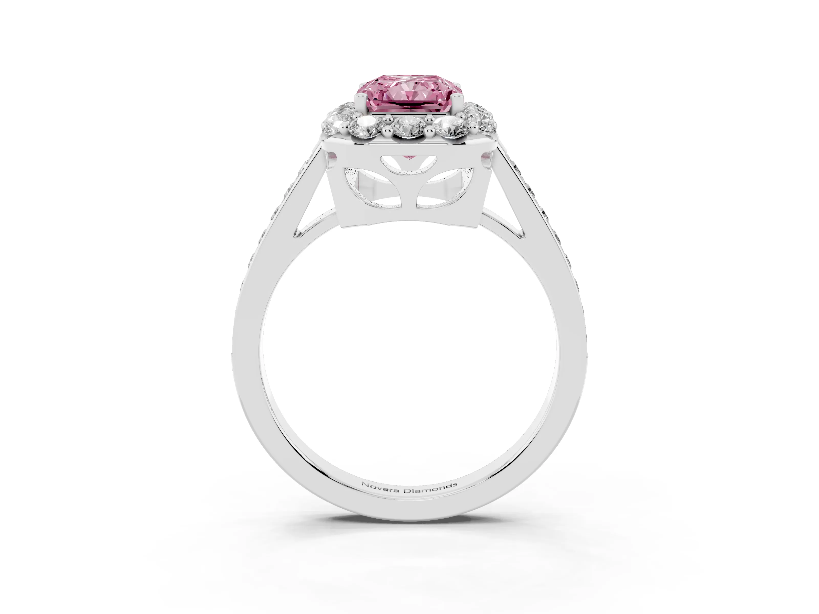 Fancy Pink Radiant Cut Diamond Floral Halo Ring Set in Platinum with Pavé Band and Prong Setting