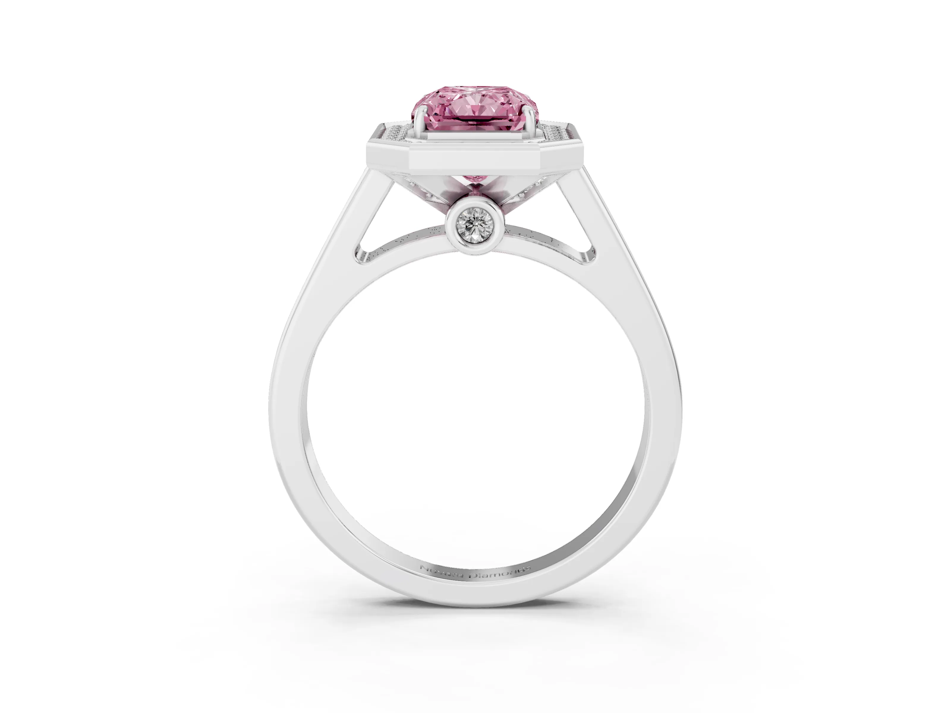 Fancy Pink Radiant Cut Diamond Halo Solitaire Ring Set in White gold with Pavé Band and Bezel Setting