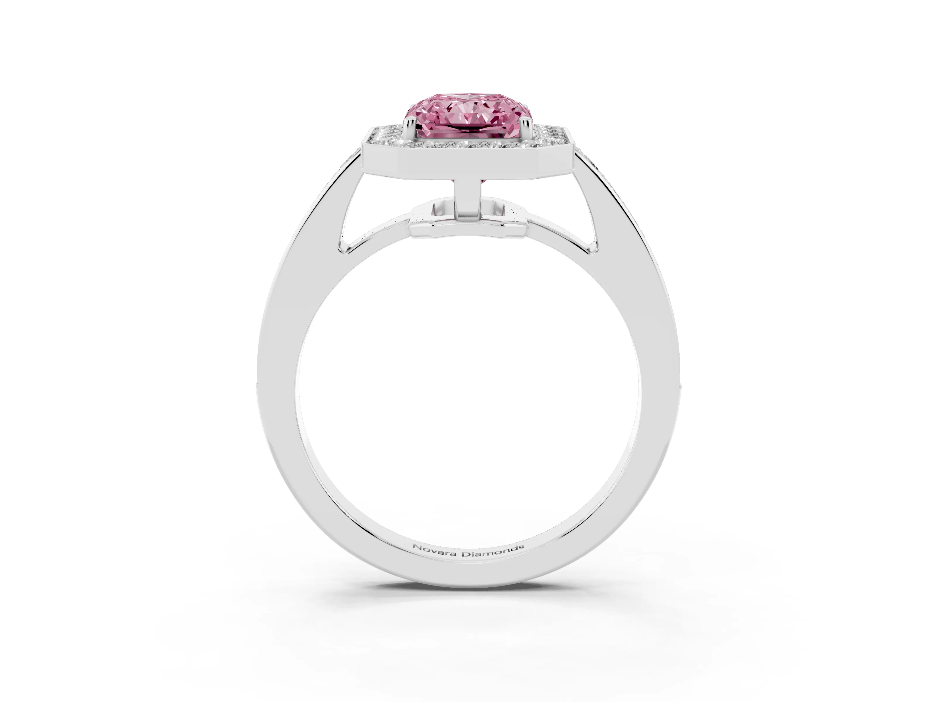 Fancy Pink Radiant Cut Diamond Halo Pavé Engagement Ring Set in Platinum with Bezel Setting