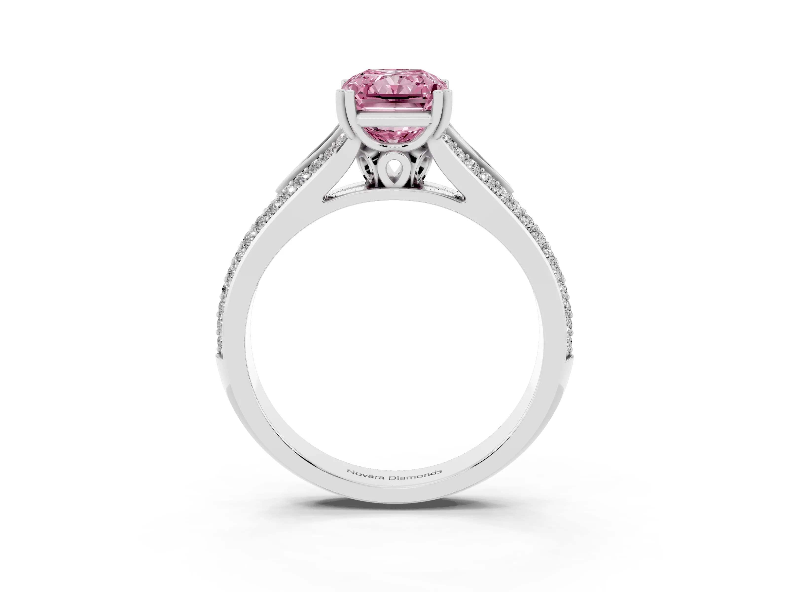Fancy Pink Radiant Cut Diamond Split Shank Pavé Engagement Ring Set in Platinum with Prong-Set Center Stone