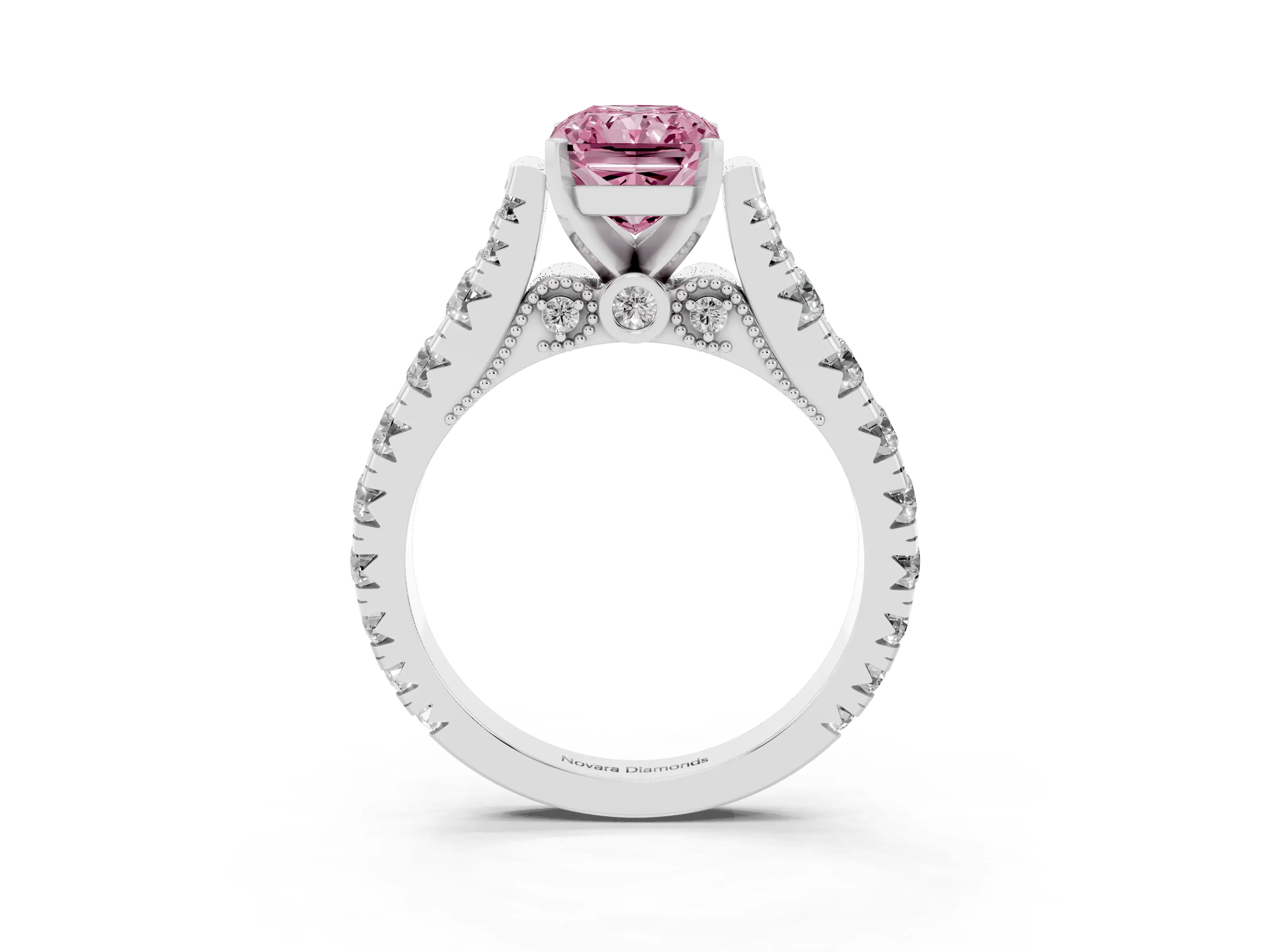 Fancy Pink Radiant Cut Diamond Classic Solitaire Ring Set in White gold with Pavé Band and Prong Setting