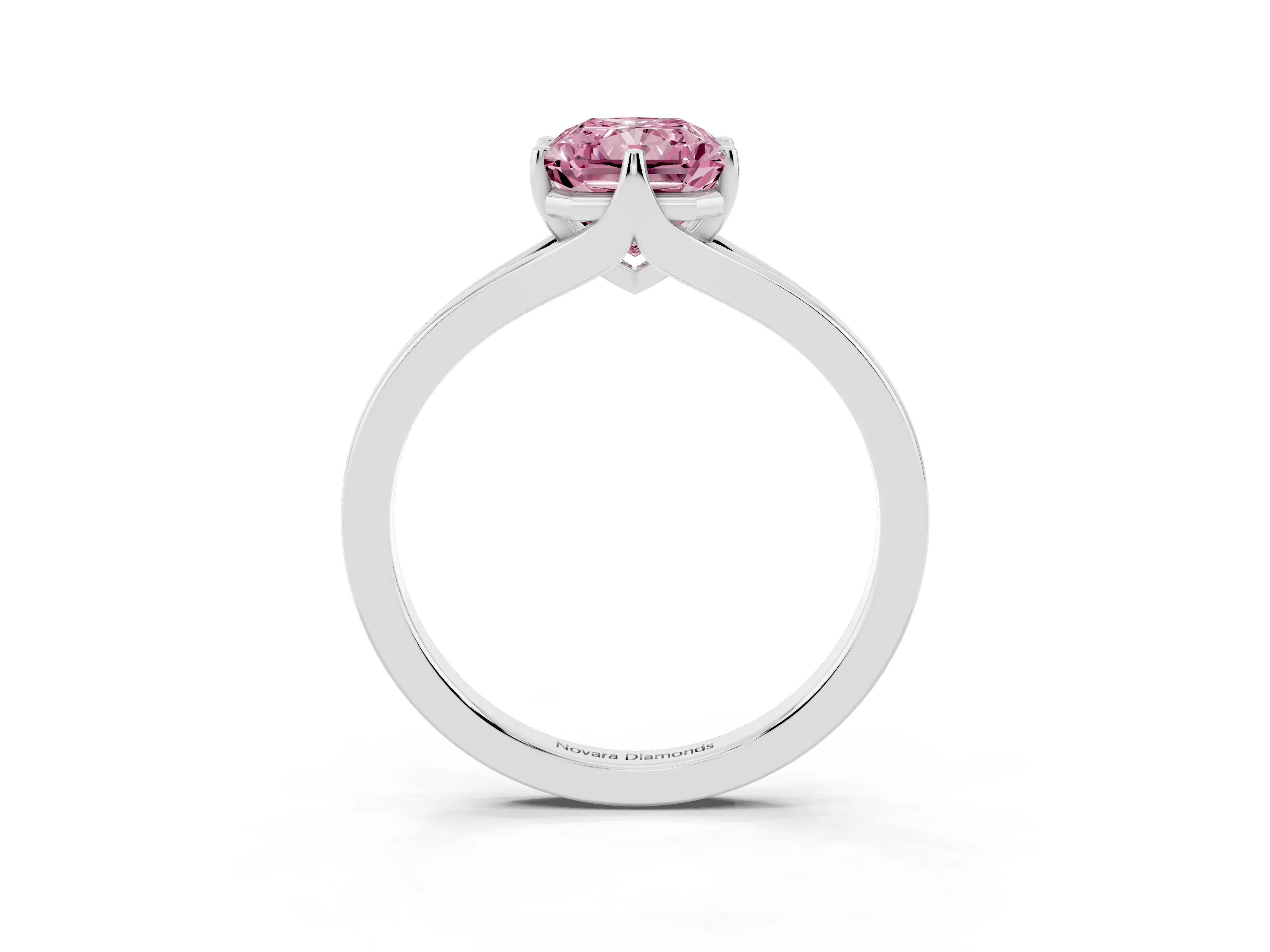 Fancy Pink Radiant Cut Diamond Solitaire Ring Set in Platinum with Polished Tapered Band and Prong Setting