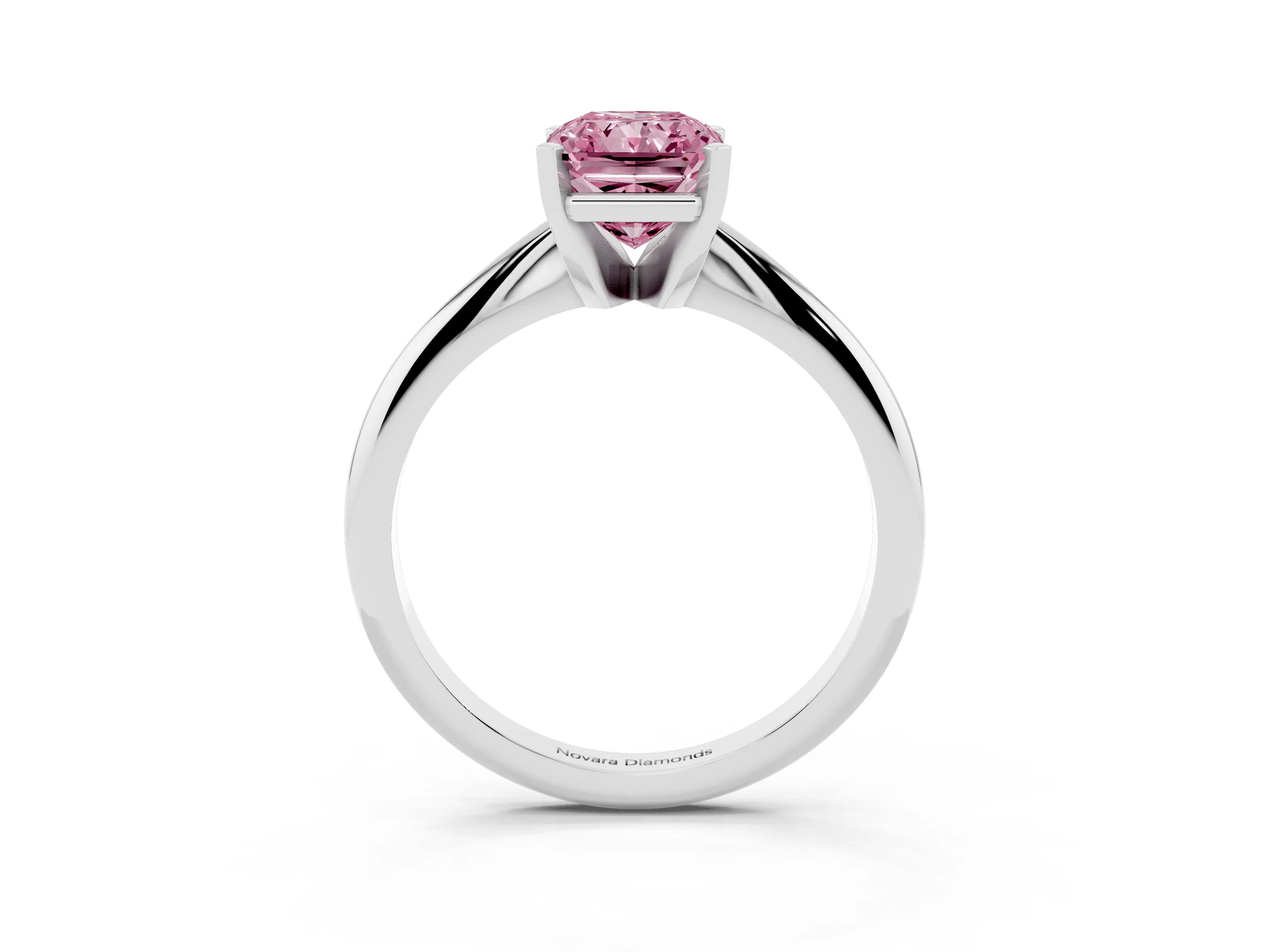 Fancy Pink Radiant Cut Diamond Solitaire Ring Set in Platinum with Prong Setting on a Plain Round Band
