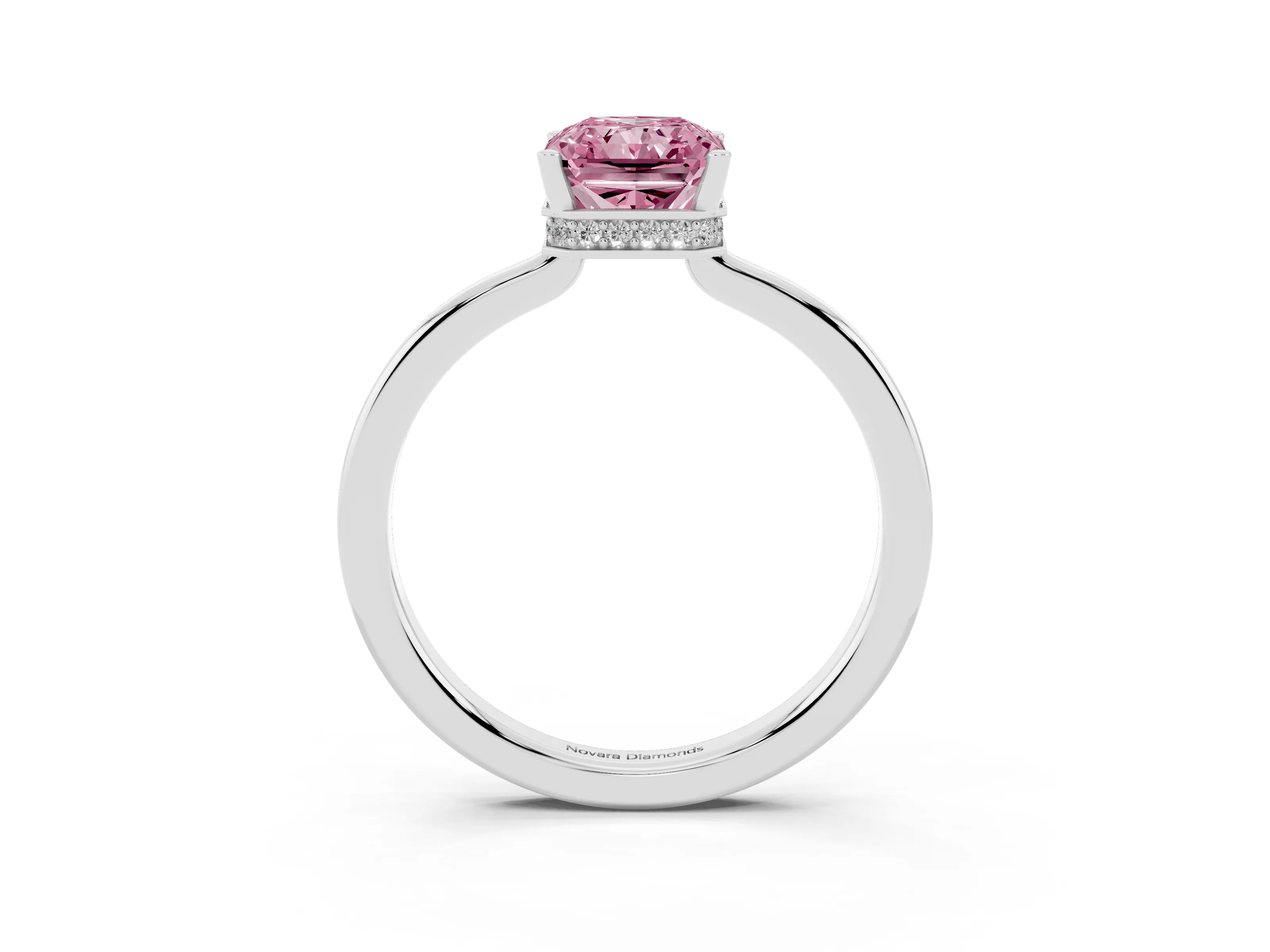 Fancy Pink Radiant Cut Diamond Solitaire Engagement Ring Set in White gold with Prong Setting on a Plain Band