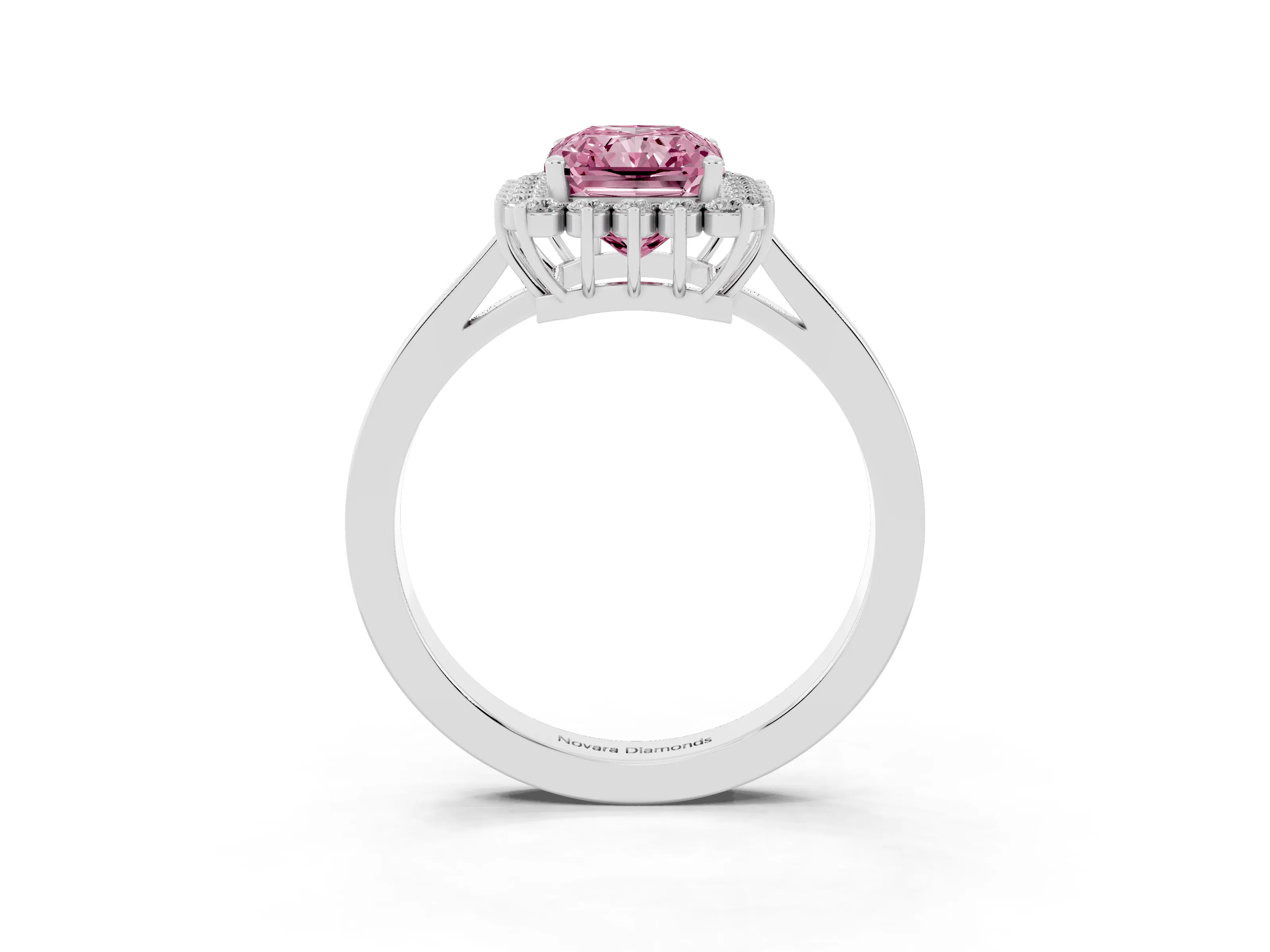 Fancy Pink Radiant Cut Diamond Halo Ring Set in White gold with Round Halo and Smooth Solitaire Band