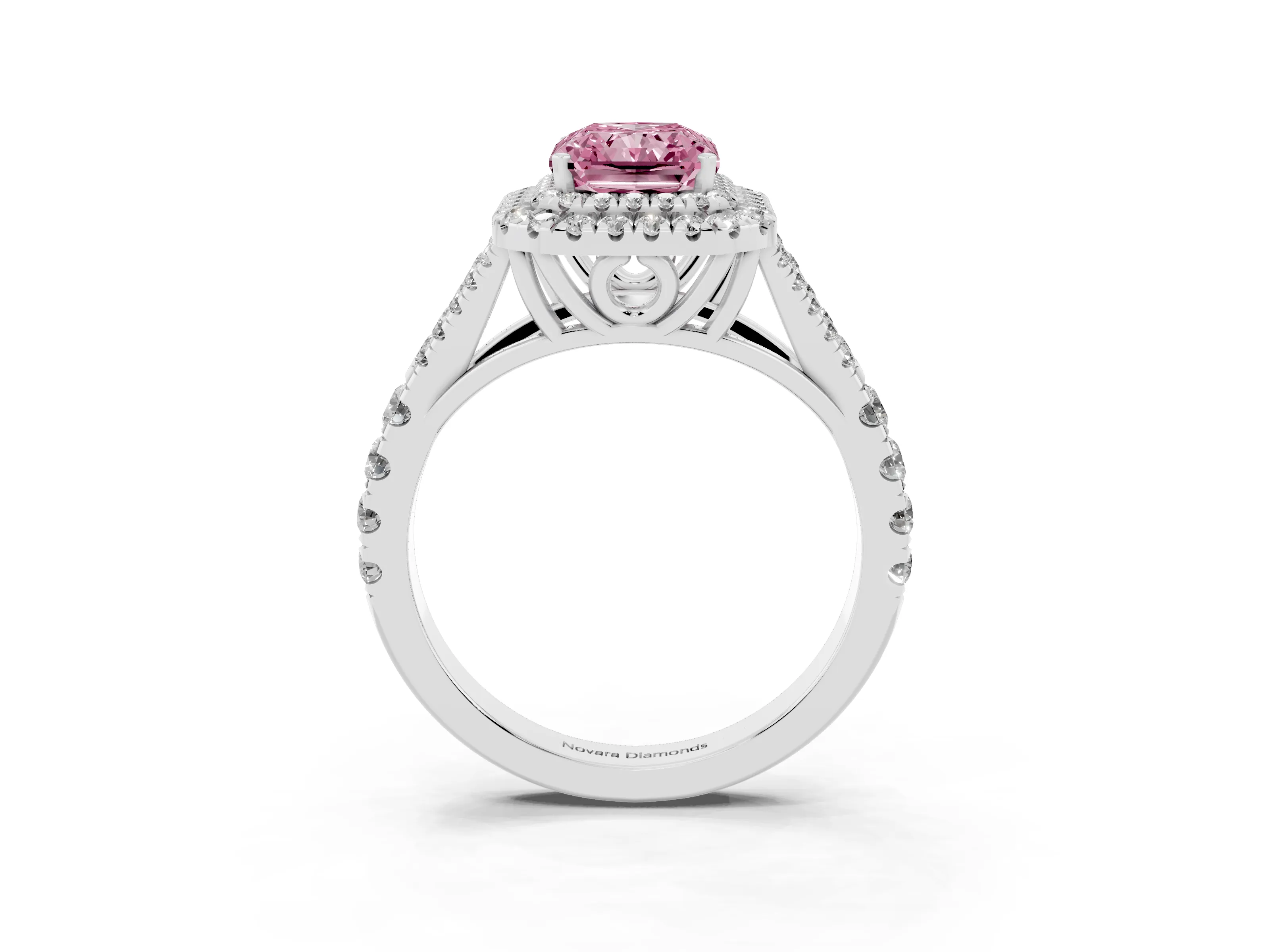 Fancy Pink Radiant Cut Diamond Pavé Split Shank Double Halo Engagement Ring Set in Silver