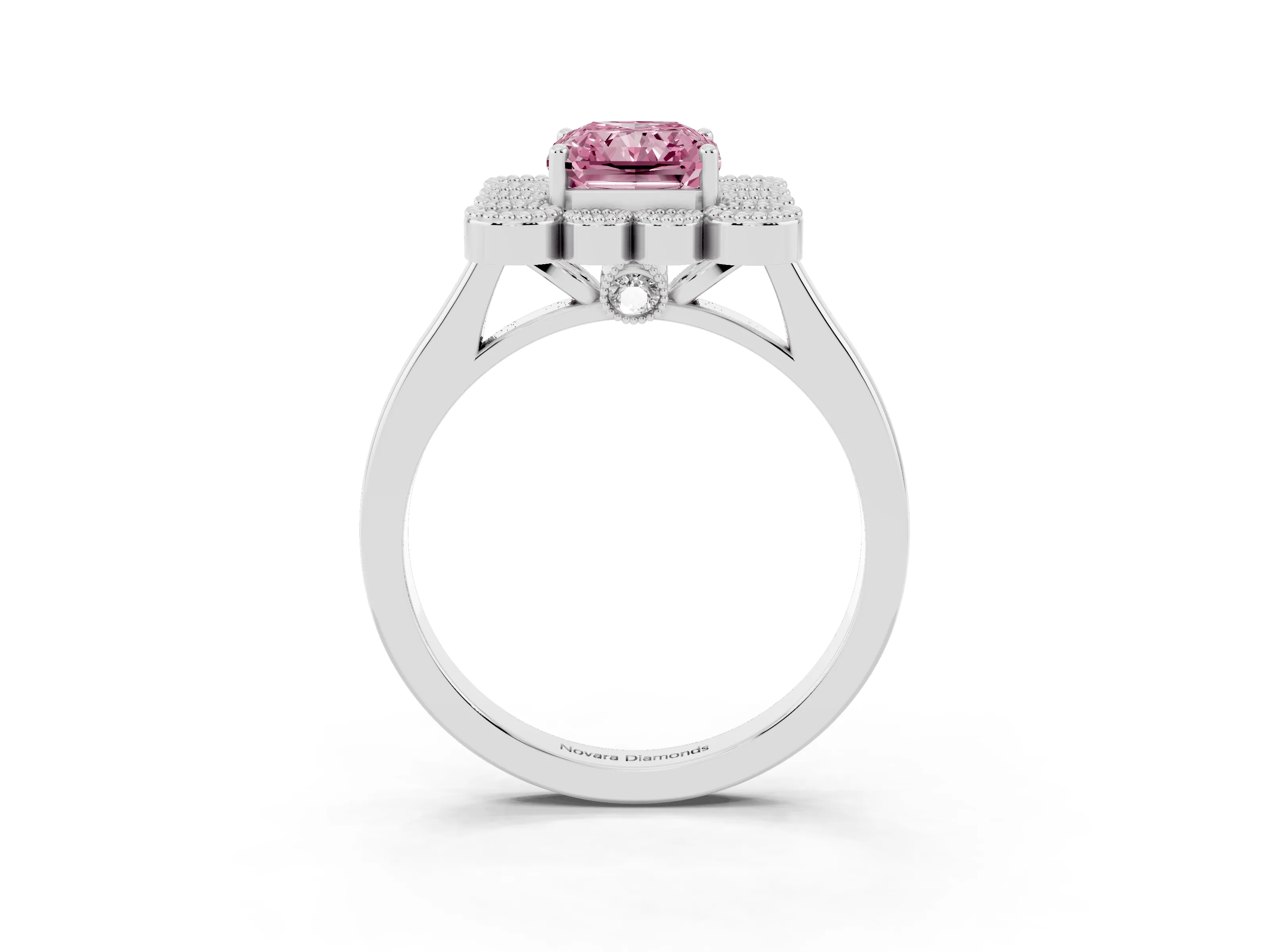Fancy Pink Radiant Cut Diamond Cluster Halo Ring Set in White gold with Milgrain Bezel Accents and Plain Band