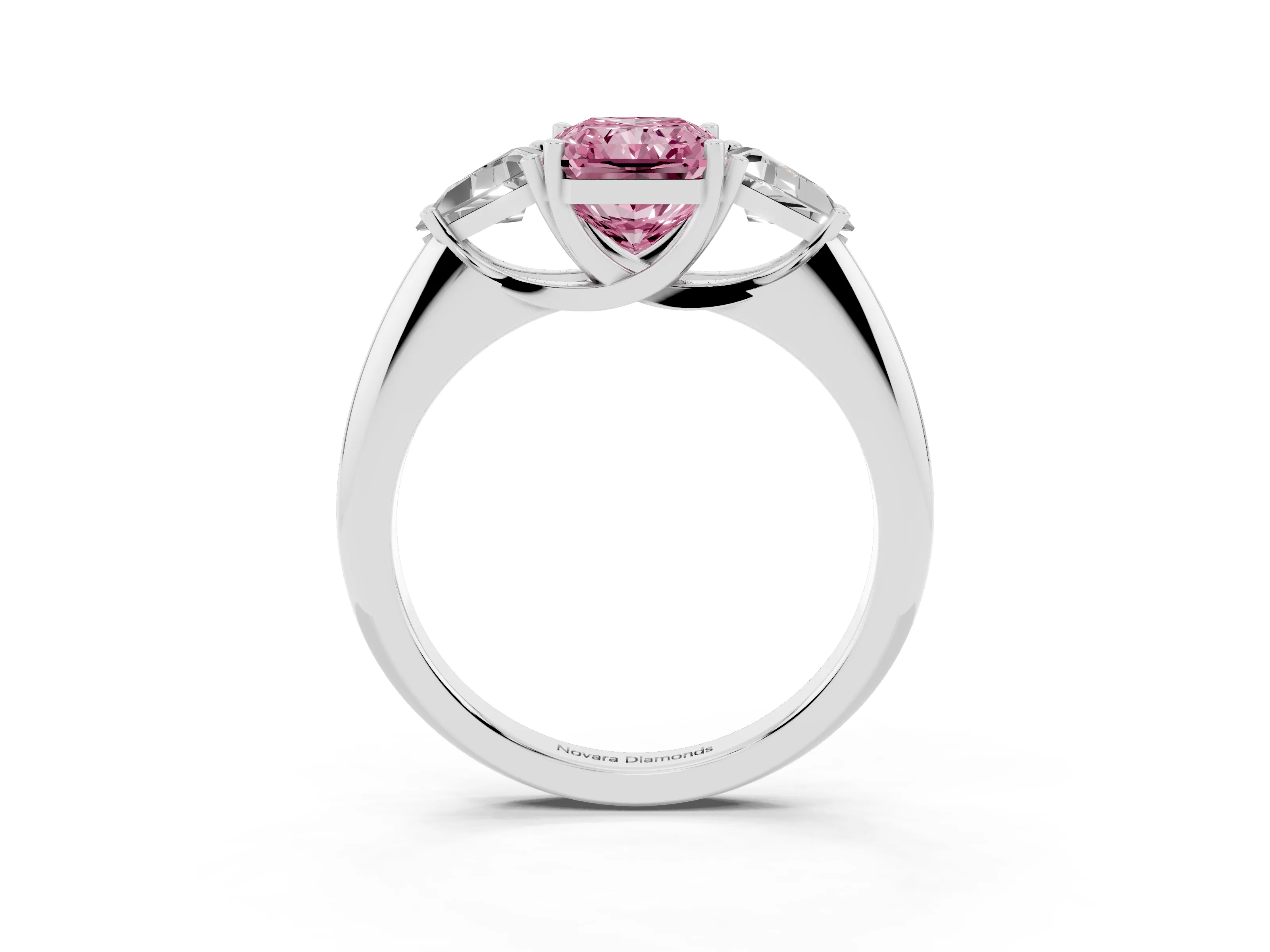Fancy Pink Radiant Cut Diamond Three-Stone Engagement Ring Set in Platinum with Trillion Side Stones