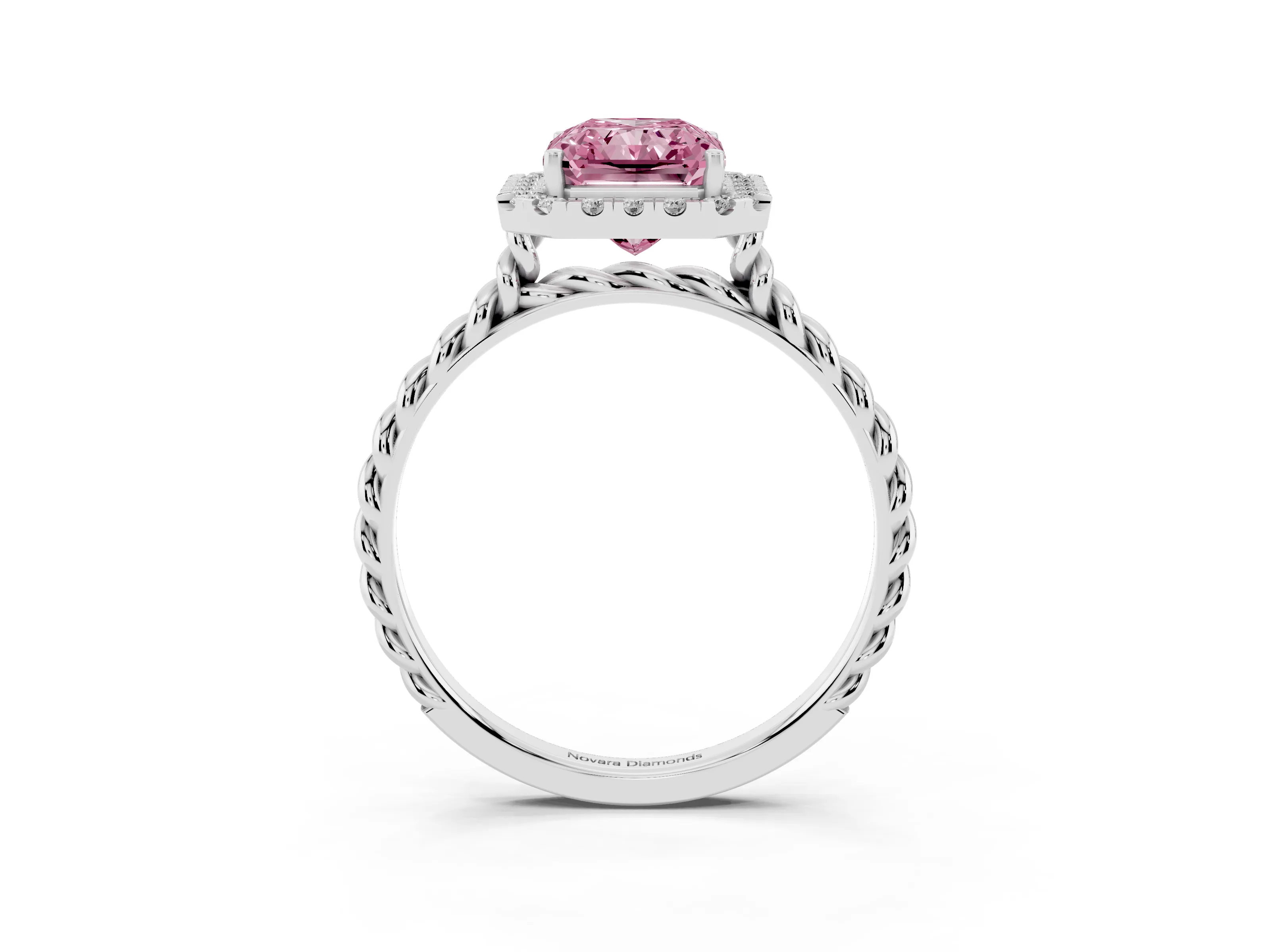 Fancy Pink Radiant Cut Diamond Halo Ring Set in Platinum with Plain Twisted Band
