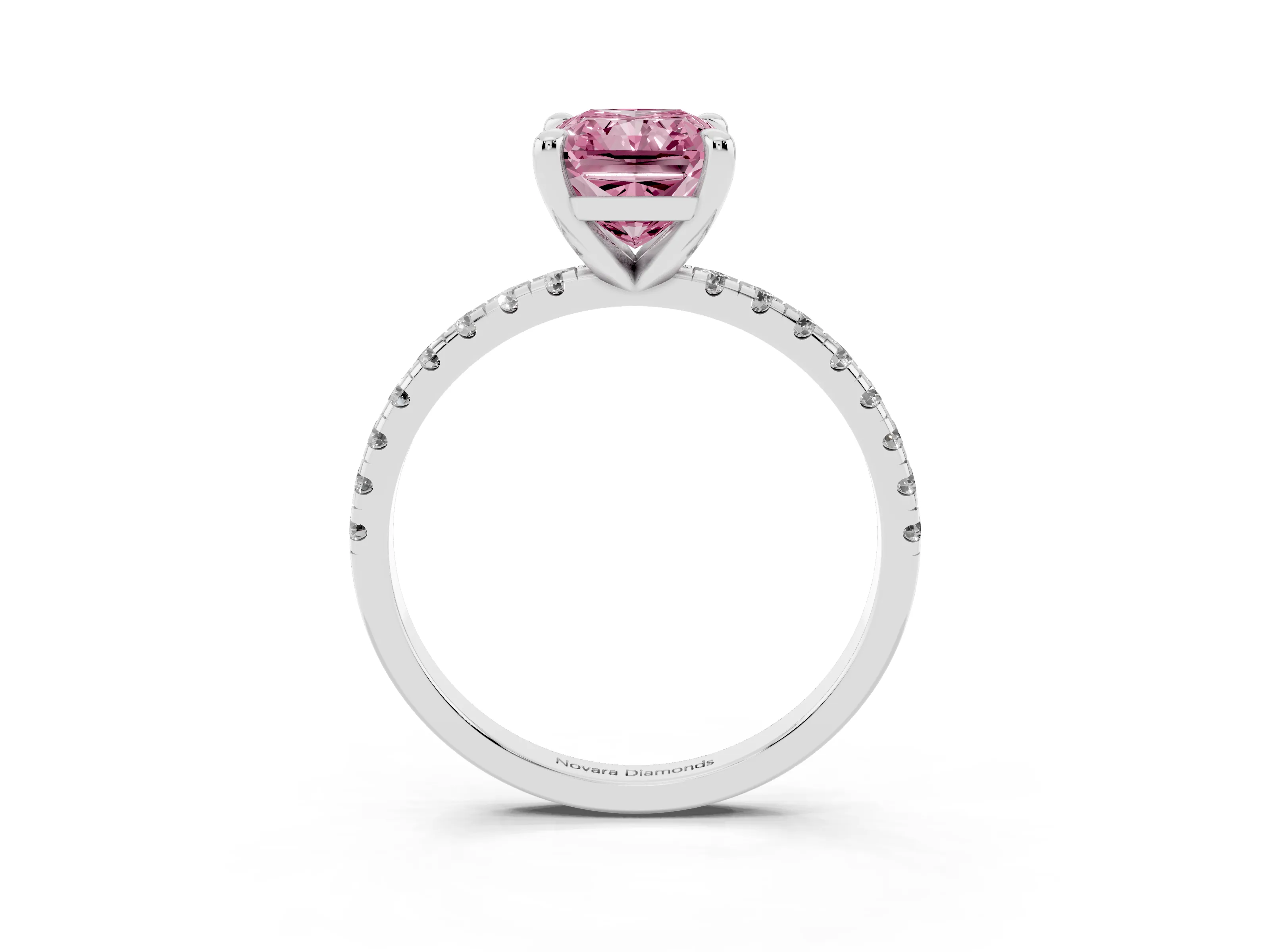 Fancy Pink Radiant Cut Diamond Brilliant Solitaire Ring Set in Platinum with Pavé Band and Prong Setting