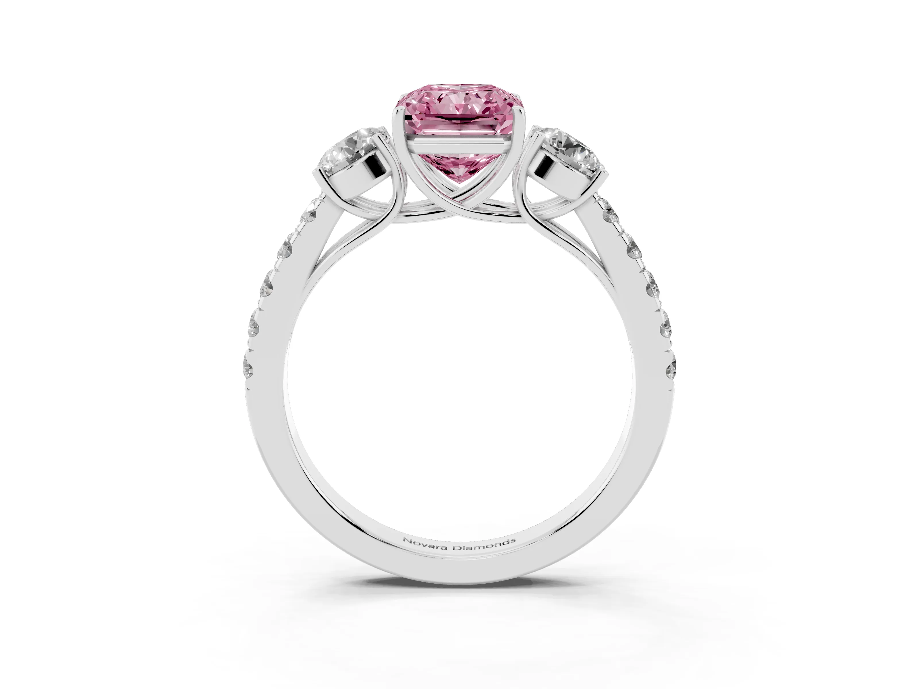 Fancy Pink Radiant Cut Diamond Three-Stone Ring Set in Silver with Round Side Stones and Delicate Pavé Band