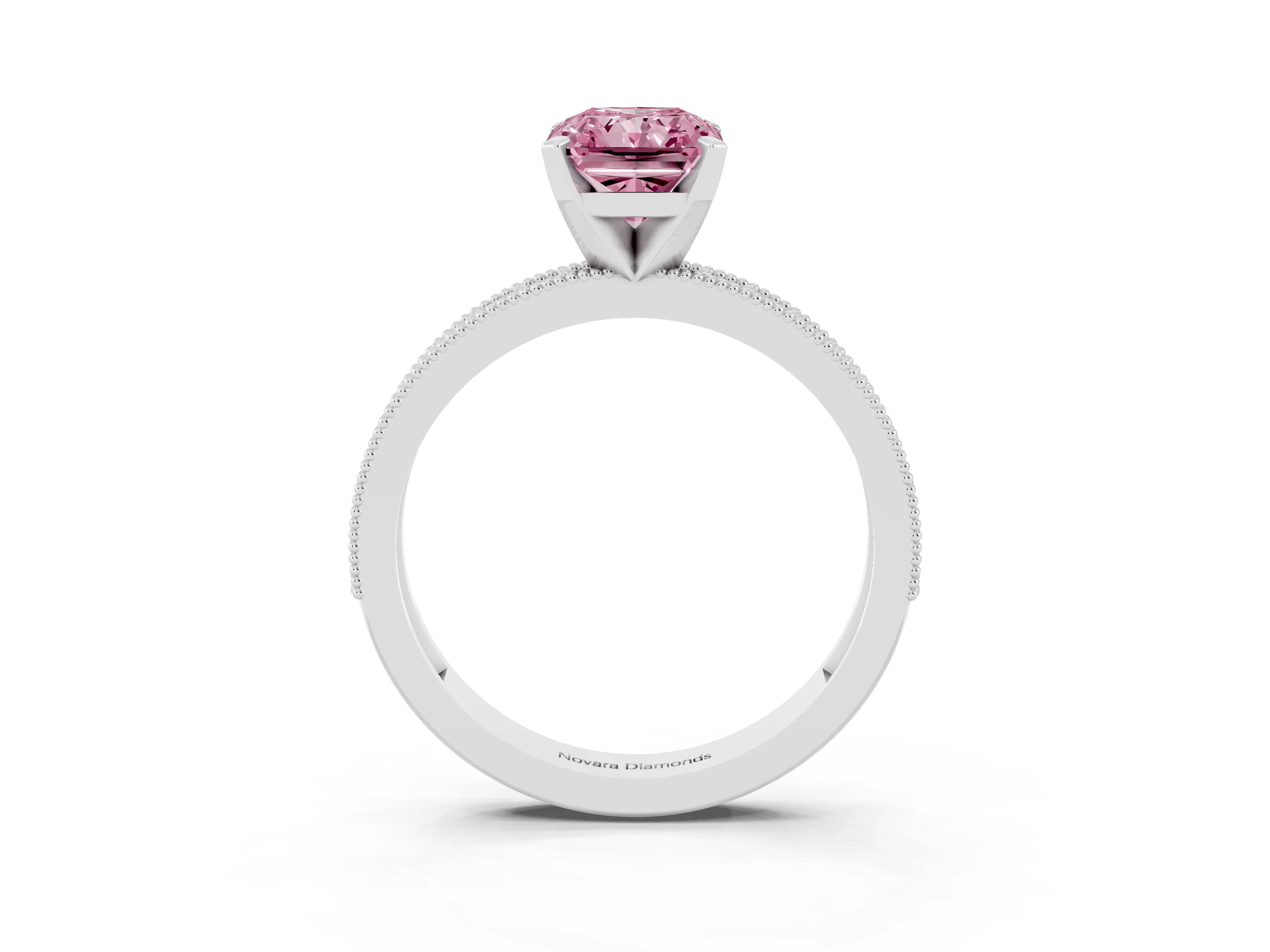 Fancy Pink Radiant Cut Diamond Milgrain Pavé Engagement Ring Set in Silver with Prong Setting
